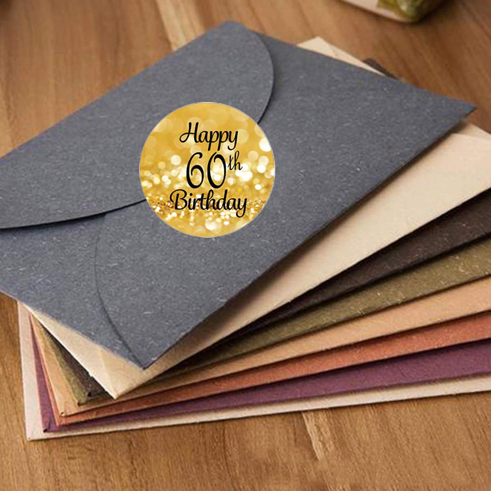 DFYOUHOME 216PCS Happy Birthday Party Favor Labels Stickers 3/4 inch Circle- Printed Dots Decorations Supplies for Small Candies Sealing Envelopes Scrapbooks Grab Bags Gold and Black (60th)
