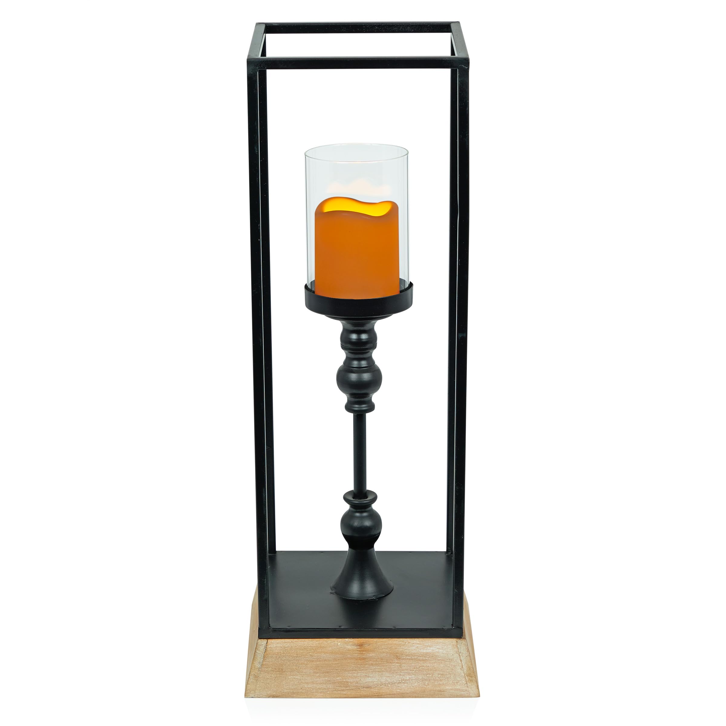 Alpine Corporation ILT104HH-S-BK Metal & Glass Decorative Lantern w/LED Candle & Timer, LED Home Decor, Small, 25 H, Black