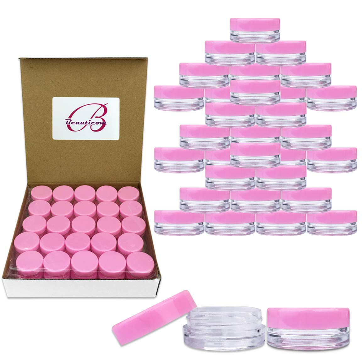 Beauticom 3G/3Ml Round Clear Jars With Pink Lids For Acrylic Powder, Rhinestones, Charms And Other Nail Accessories - Bpa Free (