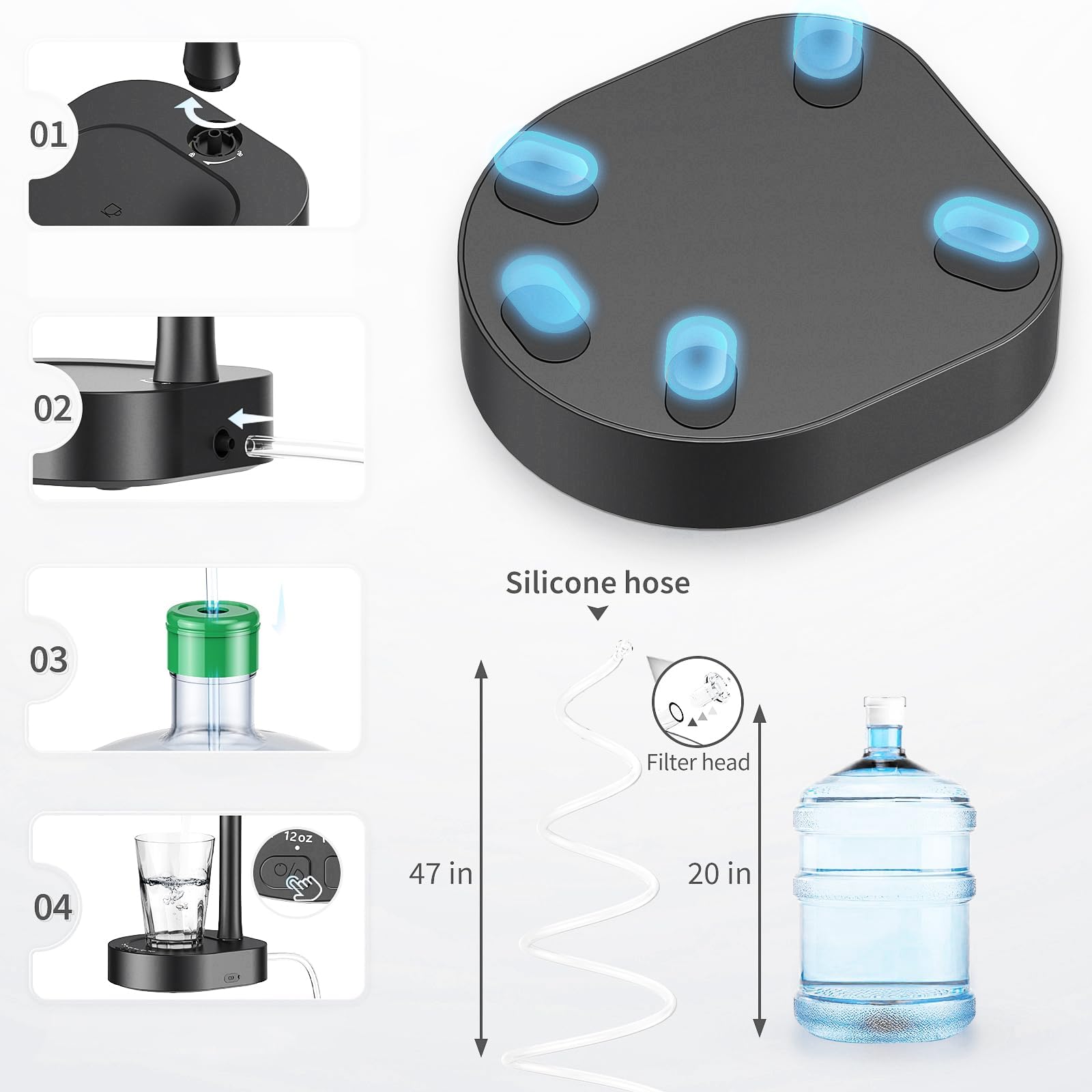 Desktop Water Bottle Dispenser  Water Pump for 5 Gallon Bottle  Bedside Water Dispenser  Portable Detachable Type-C Charging  Application Home  Office  Camping
