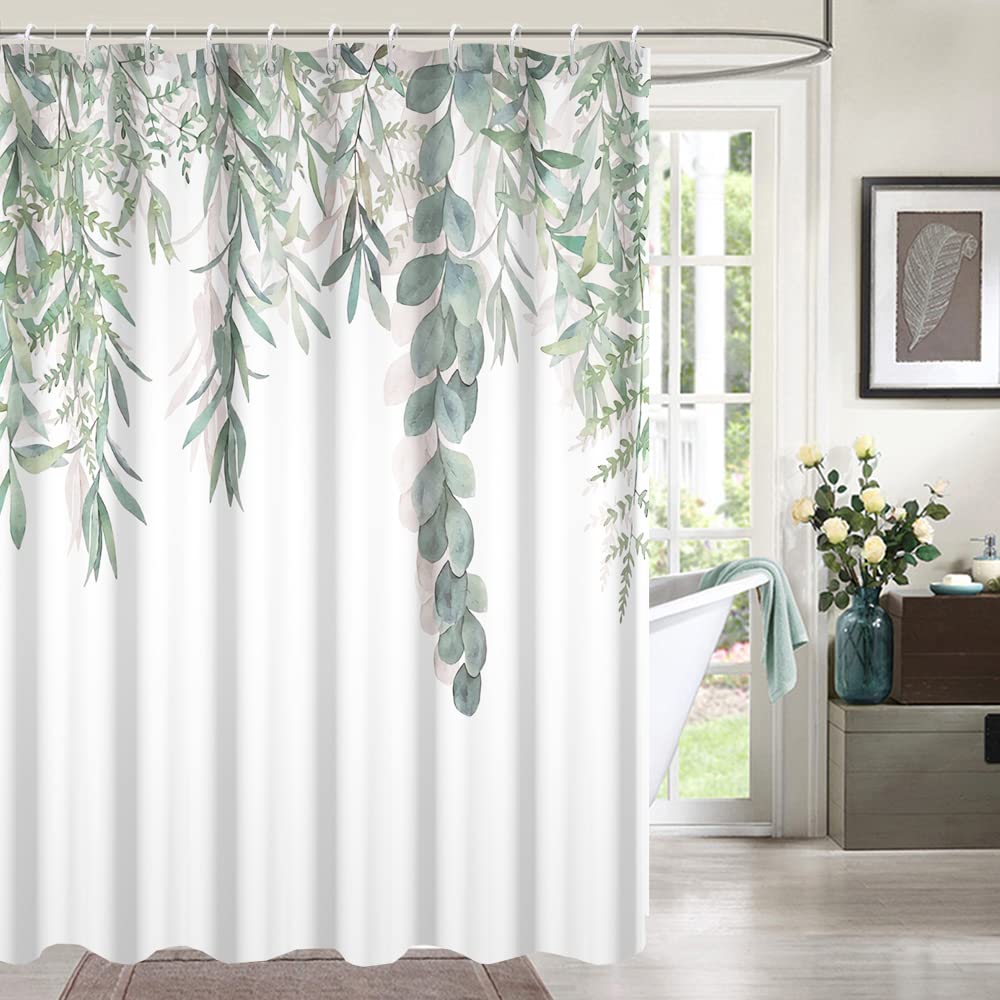 Ruelvth Spring Shower Curtain, Green Eucalyptus Leaves Shower Curtain Waterproof Fabric Shower Curtain Set With Hooks Watercolor