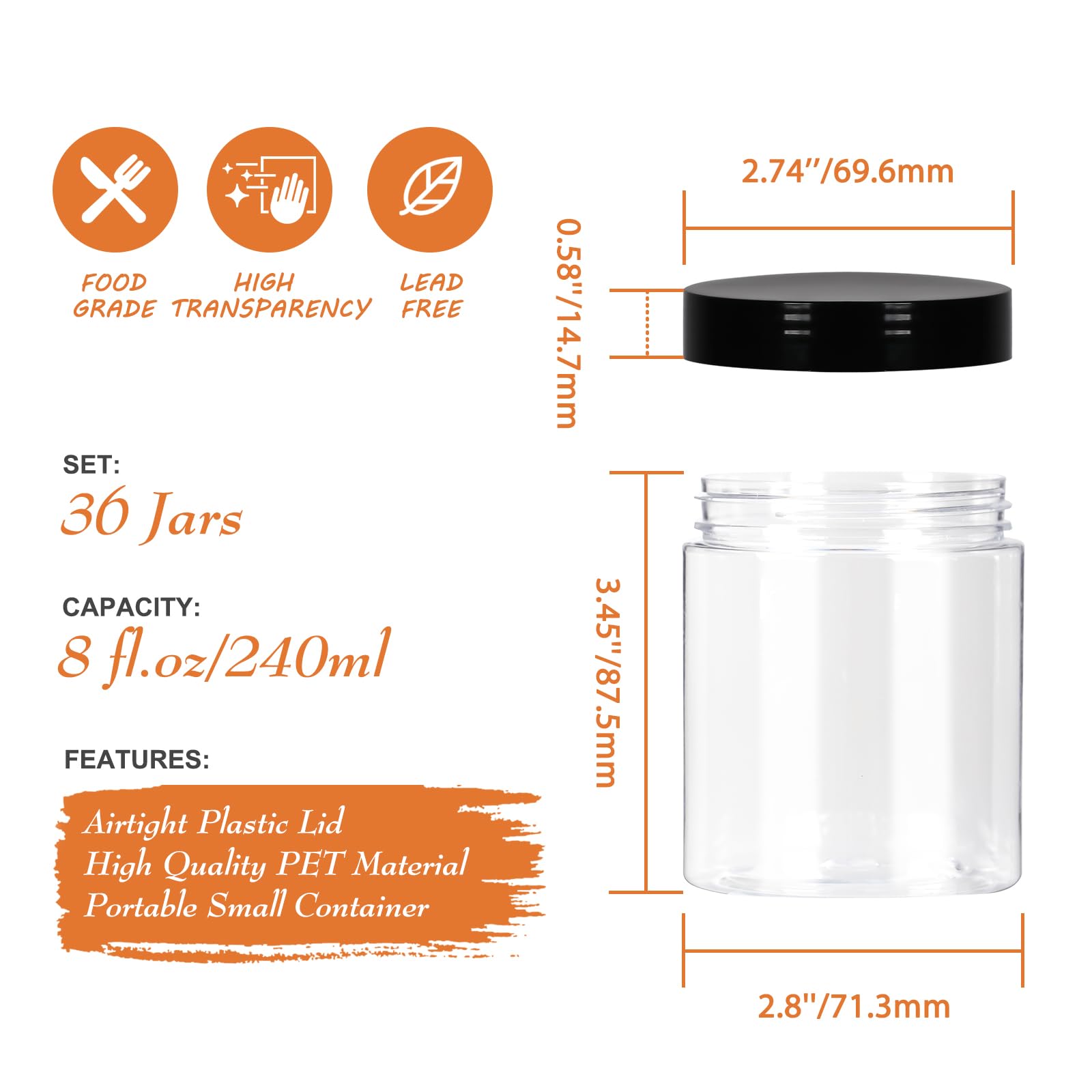 Jaisie.W 8Oz Plastic Jars With Lids 36Pack, 8Fl.Oz Plastic Containers With Lids- Clear Food-Grade Plastic Storage Containers Wit