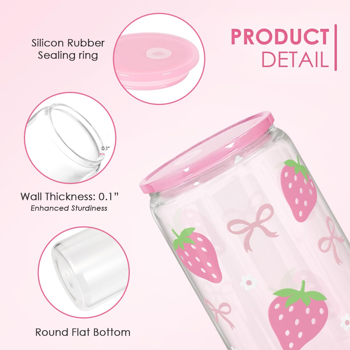 Strawberry 16 Oz Can Glass Tumbler with Acrylic Lid and Straw - Iced Coffee Cups for Women, Aesthetic Glass Cup Gift for Birthda
