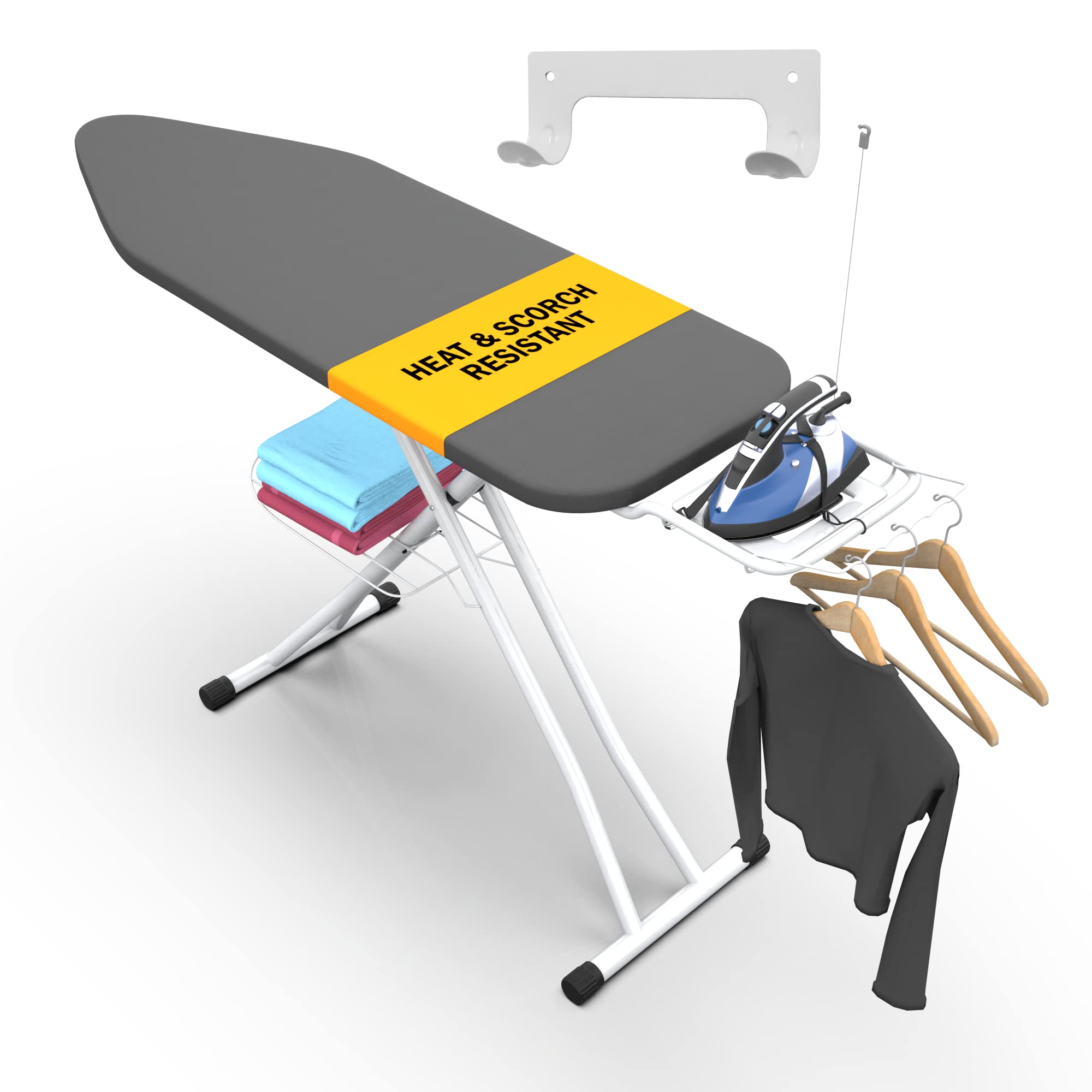 Xabitat Full Size Ironing Board 47'' X 18'' W/Wall Mount Hanger | Full Metal Construction| Built In Iron Caddy | Heat & Scorch R