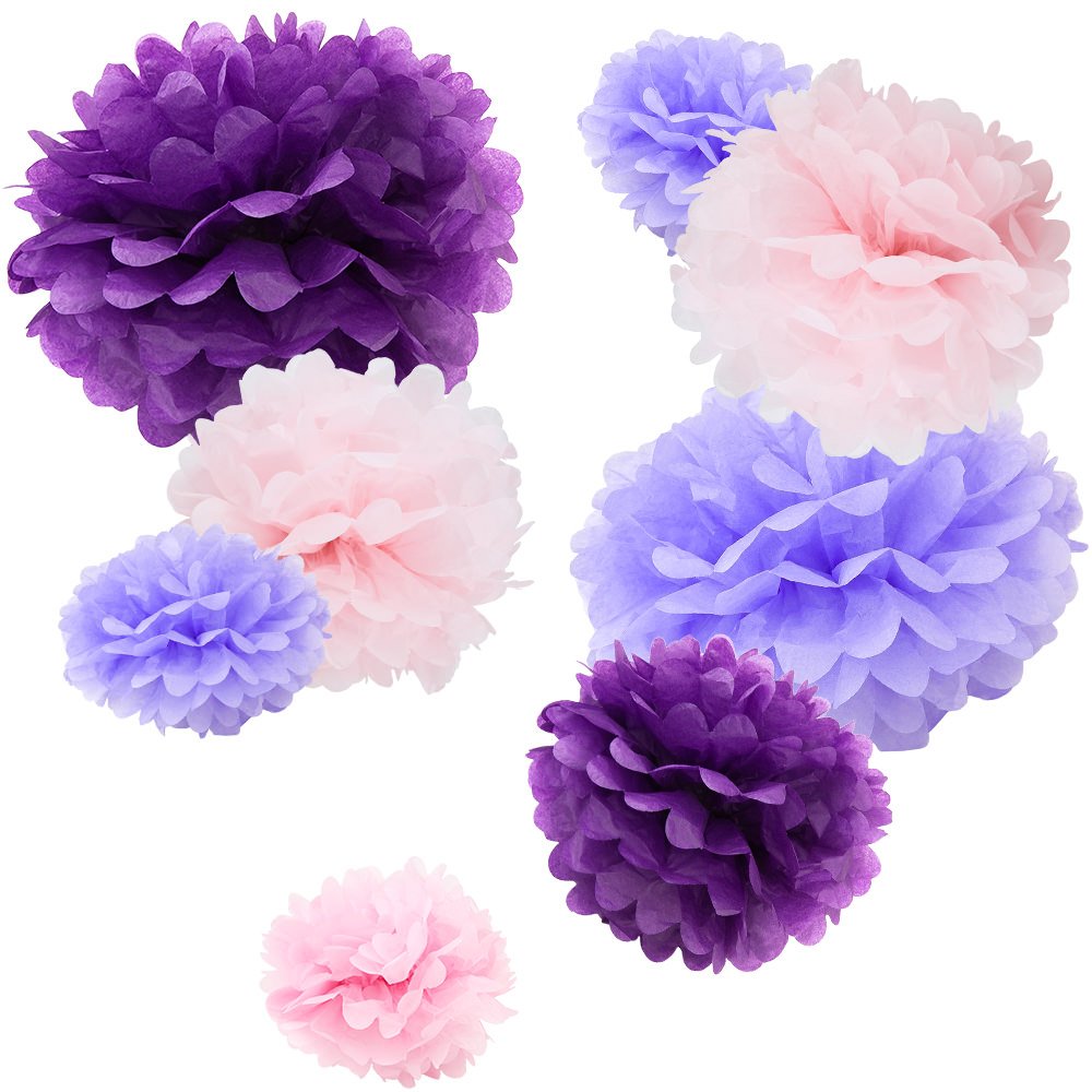 Wyzworks Set Of 8 (Assorted Purple And Pink Color Pack) 10'' 12'' 16'' Diy Tissue Pom Poms Flower, Halloween Party, Decorations