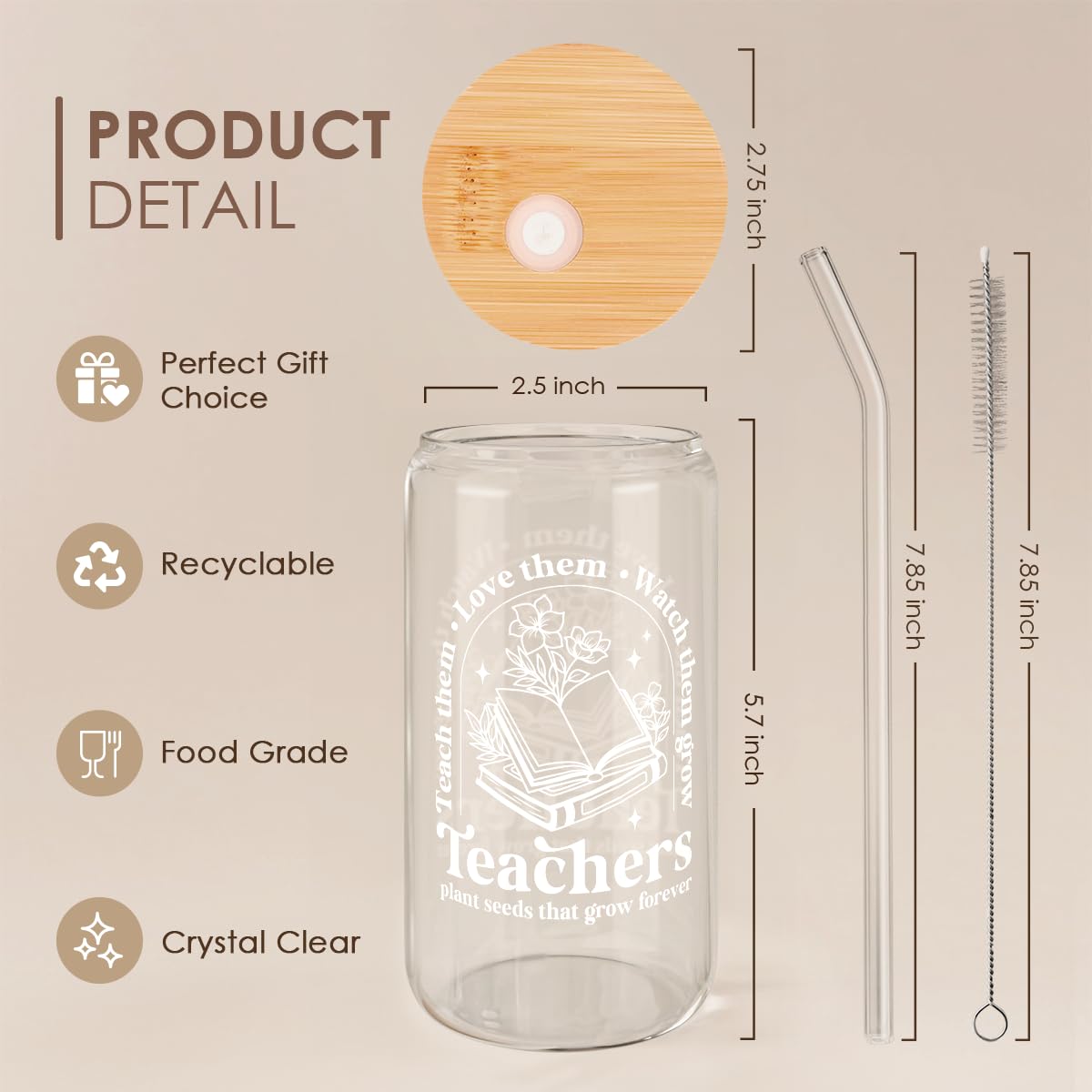 Teacher Glass Can, Teachers Plant Seeds That Grow Forever Cup with Lid & Straw, Coffee Aesthetic Cups, Gift for Christmas Teache