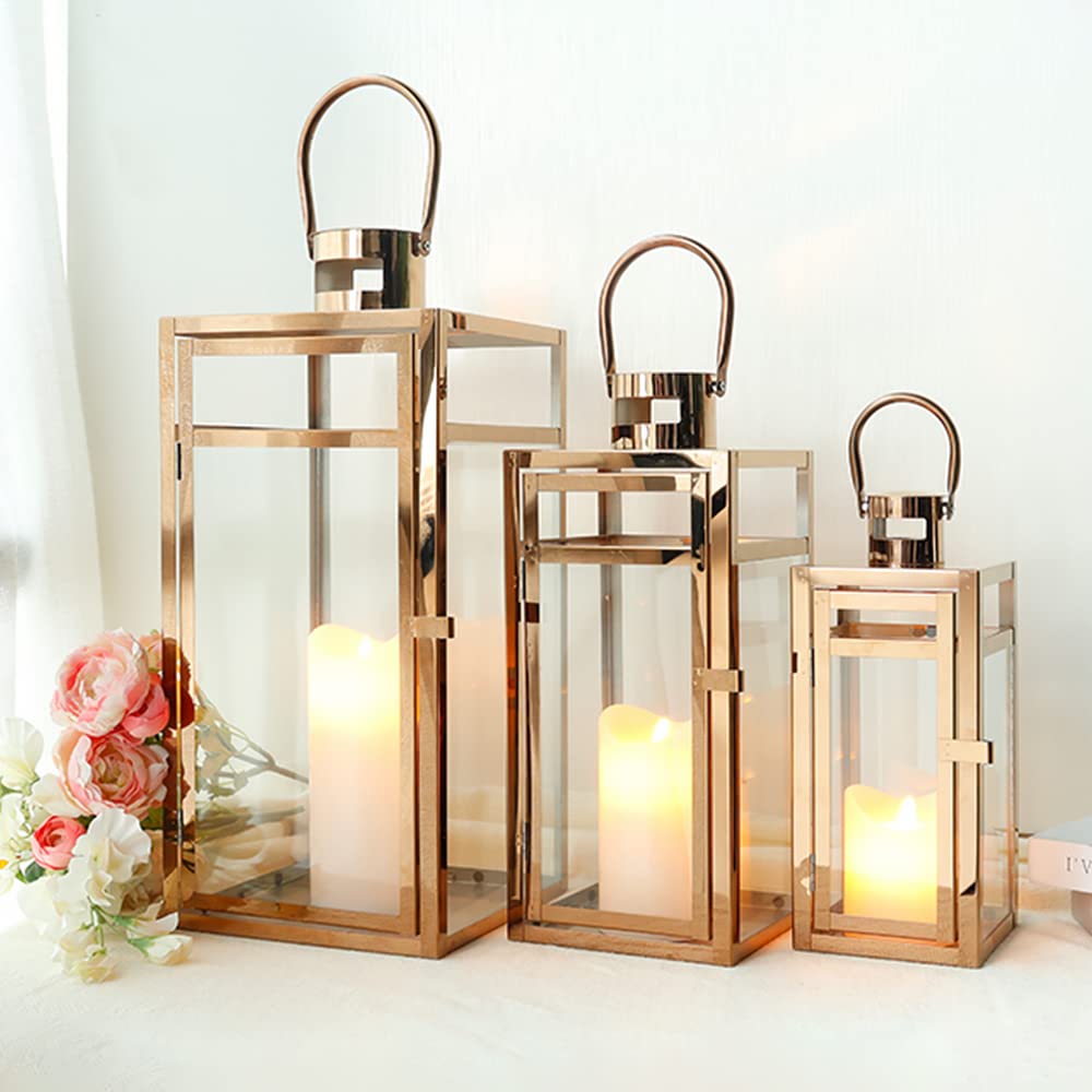 TRIROCKS Set of 3 Stainless Steel Candle Lantern 19 High Metal Candle Holder with Clear Glass Panels Perfect for Home Decor Li