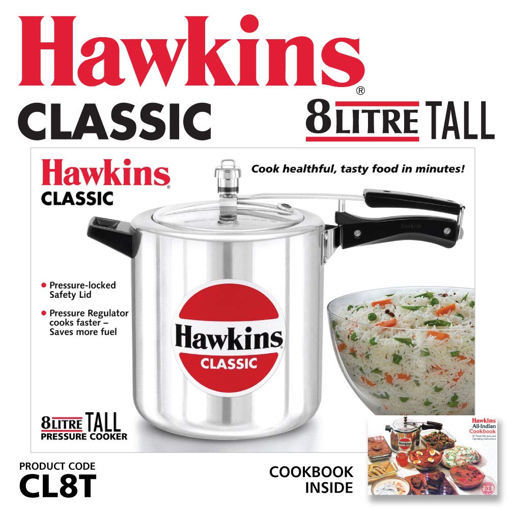 Hawkins Aluminium 8 Litre Classic Pressure Cooker, Tall Design Inner Lid Cooker, Big Cooker, Silver (Cl8T)