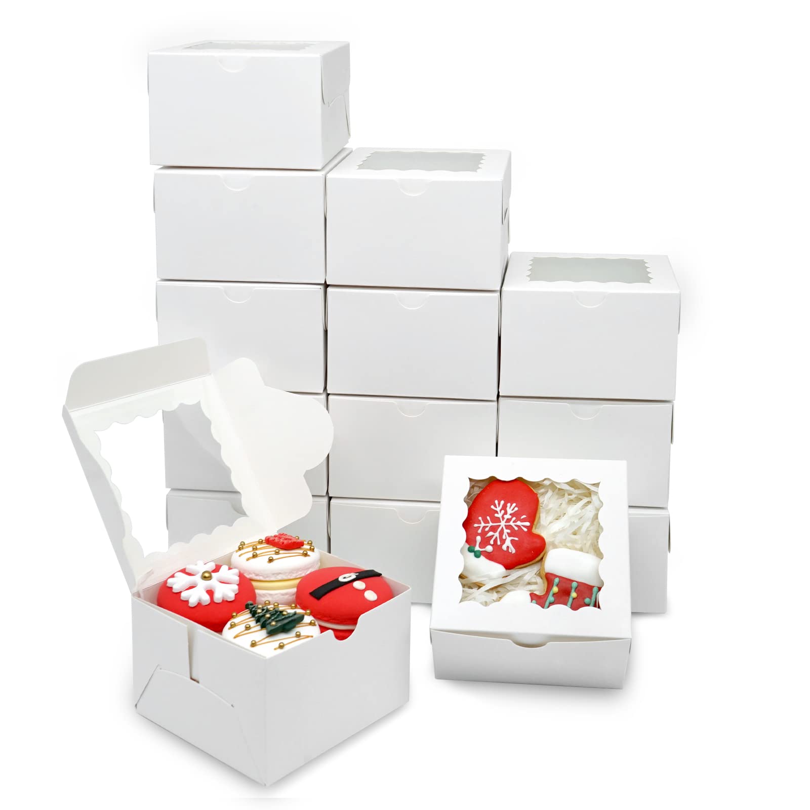 XINHPKGG 20pcs Cookie Boxes 4x4x2.5 Inch Bakery Boxes with Window Treat Box Dessert Box for Wedding Favors Party Baby Shower - W