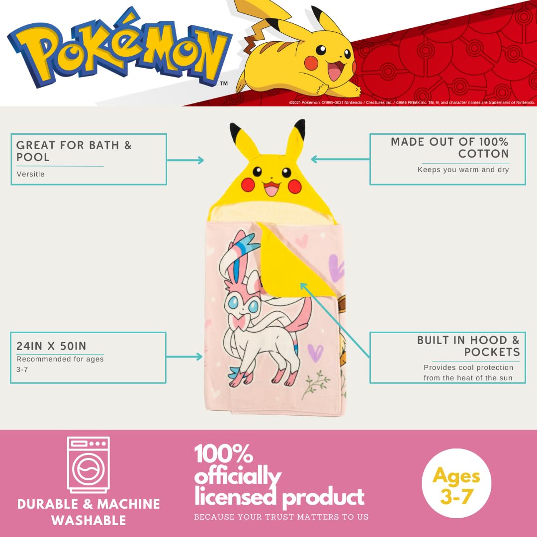 Franco Pokemon Girl Anime Kids Super Soft Bath/Pool/Beach Soft Cotton Terry Hooded Towel Wrap, 24 In X 50 In, (Officially Licens