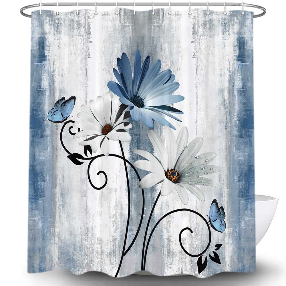 VeiVian Rustic Farmhouse Shower Curtain  Farm Blue Daisy Floral Flowers and Butterfly on Country Wooden Shower Curtain for Bathroom with 12PCS Hooks  70X70IN  Turquoise Blue