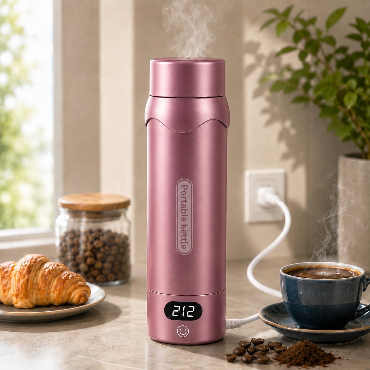 Travel Electric Kettle, Insulated Water Bottle with 4 Temp, Black Cherry