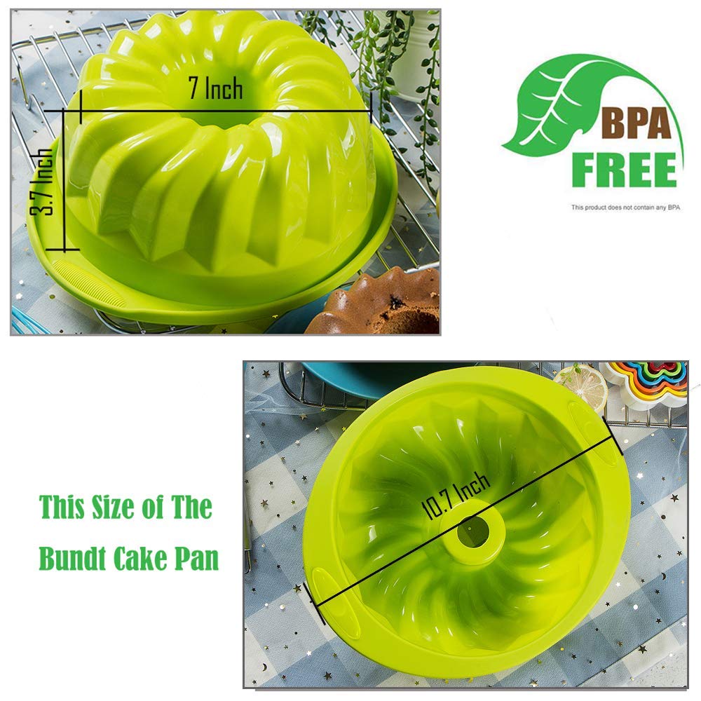 Webake Silicone Fluted Tube Cake Baking Pan 10 Inch Non-Stick Cake Mold Bakeware (Green)