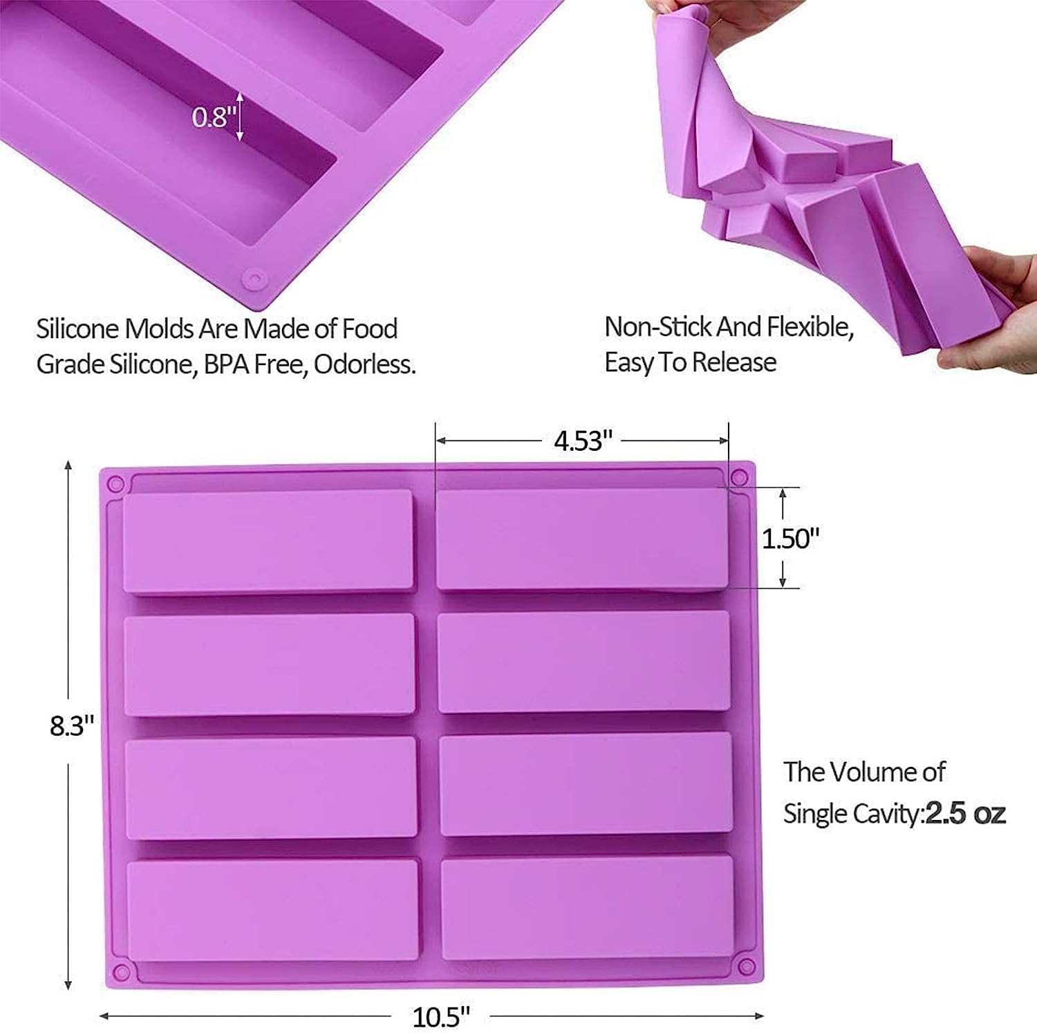 Rotdam Large Rectangle Silicone Mold 2 Pcs 8-Cavity Granola Bar Nutrition Cereal Bar Moulds Baking Pan For Energy Bar Chocolate
