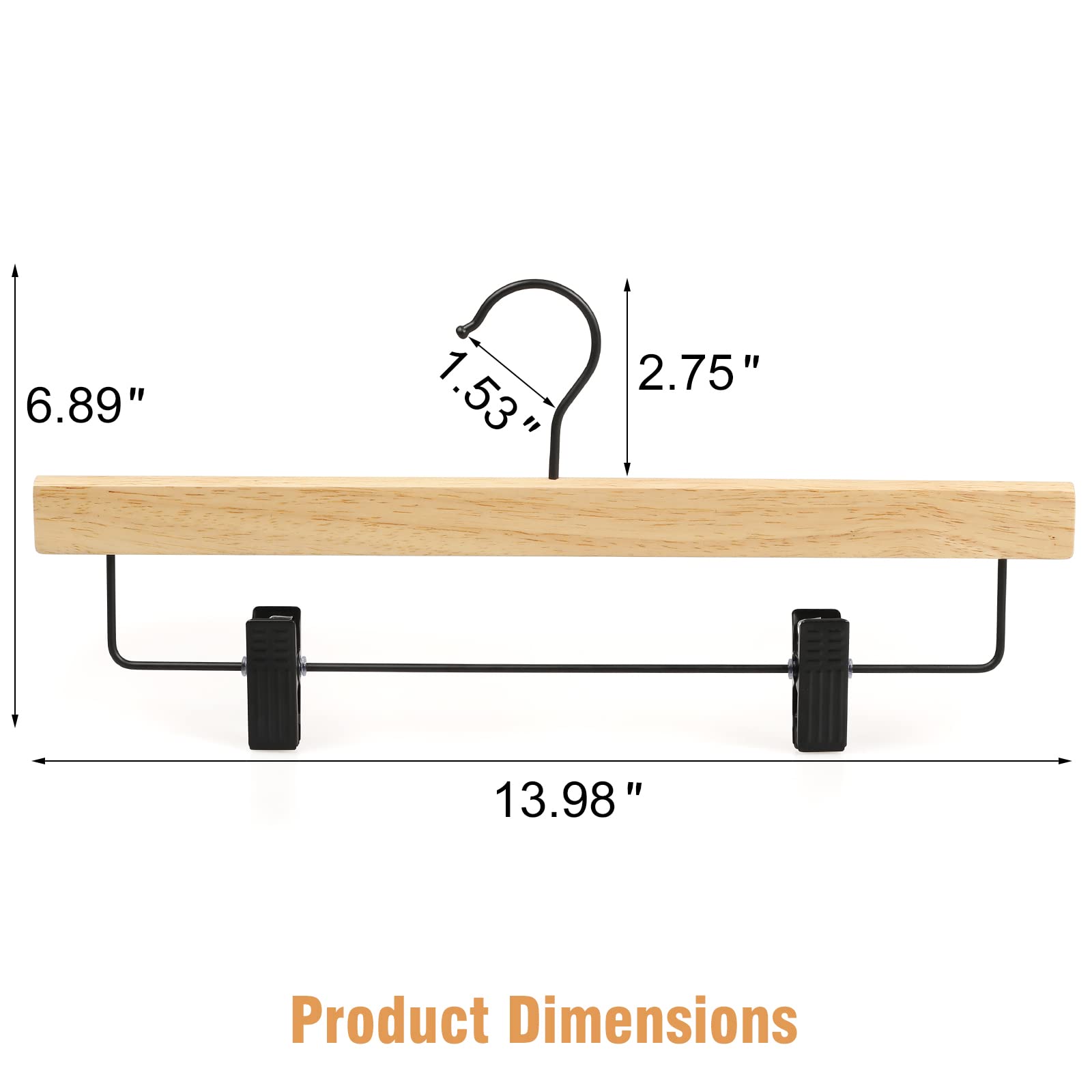 Topia Hanger Pants Hangers 10 Pack, Wooden Clothes Hangers With Black Clips And Rotatable Hook, Durable Natural Rubber Wood Hang