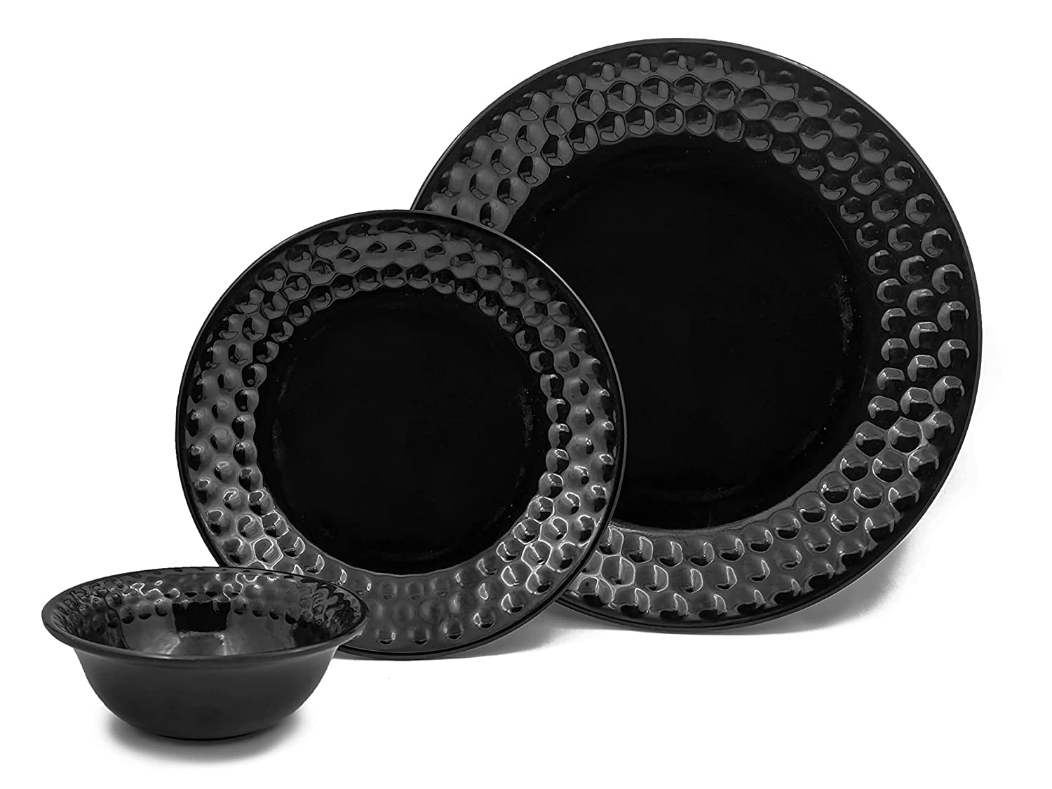 Konvio Kitchen Black Melamine Unbreakable Dinner Set Collection Plates Bowl And Spoons (22 Pieces, Black Base)