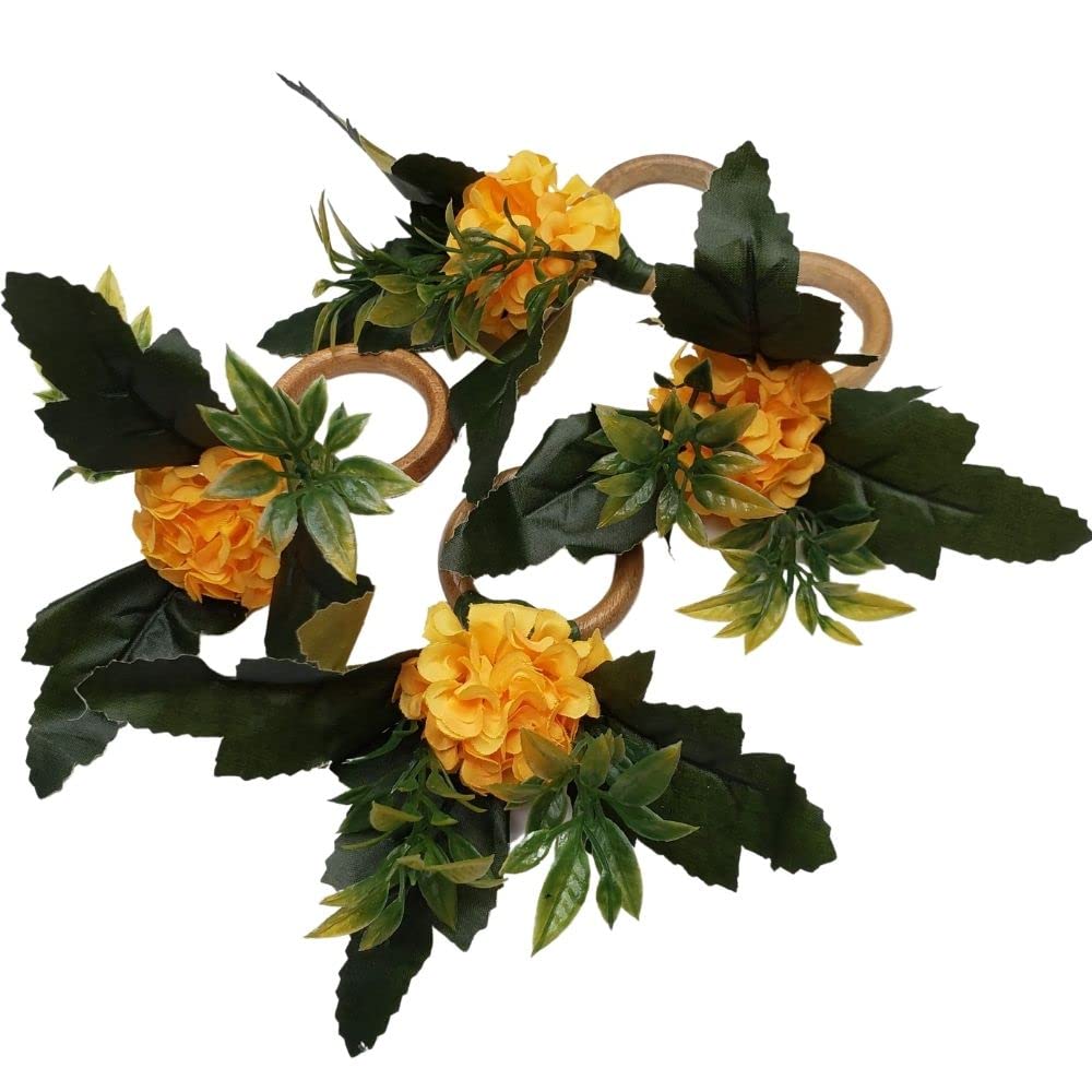 Maison Charlo | Set Of 4 Napkin Rings Chrysanthemum Charm |Napkin Ring Holders For Formal And Casual Dining Table Decor- Sunshin