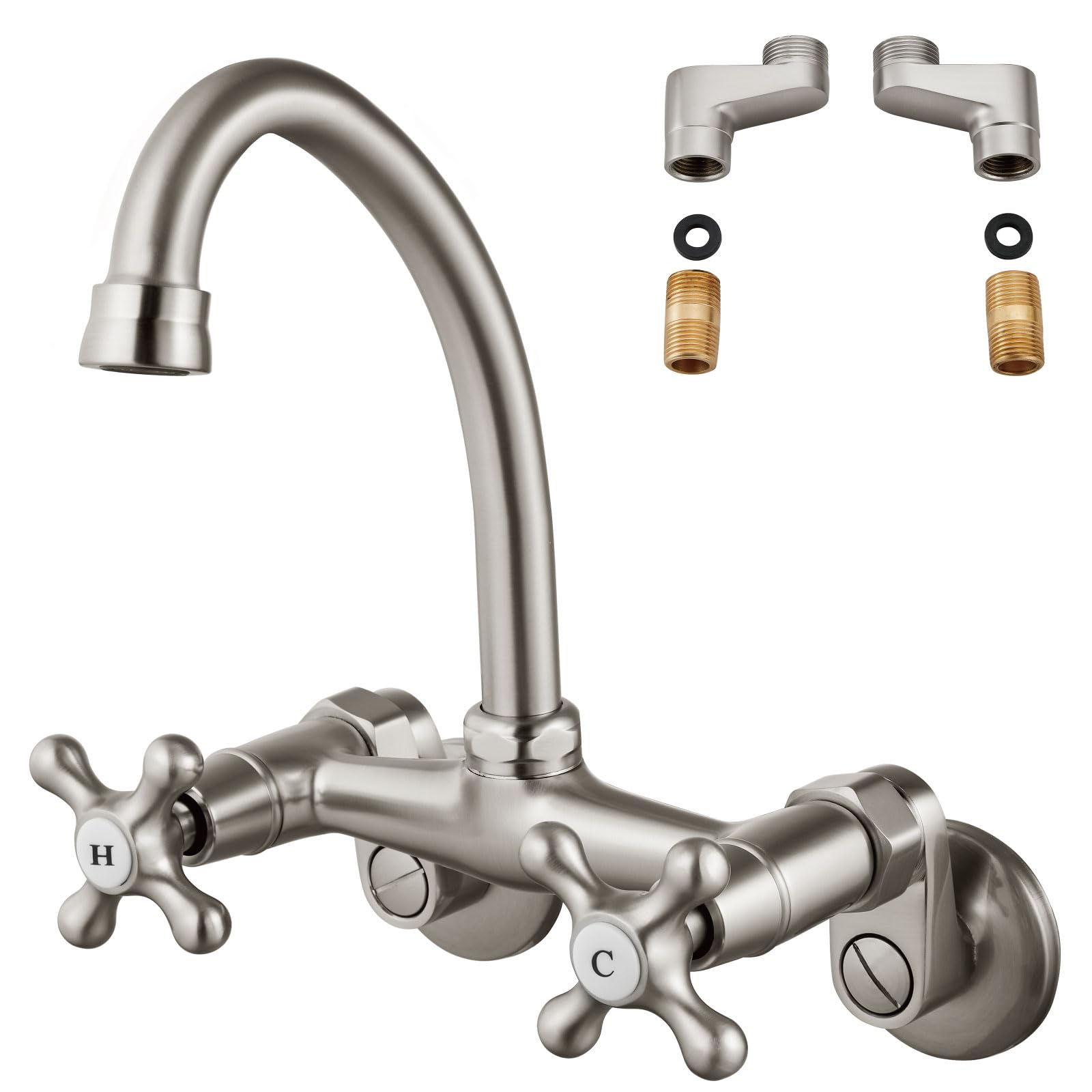 Aolemi Wall Mount Kitchen Faucet 6 Inch Center With Swivel Spout Adjustable Spread 2 Cross Handle Basin Sink Mixer Tap, Brushed