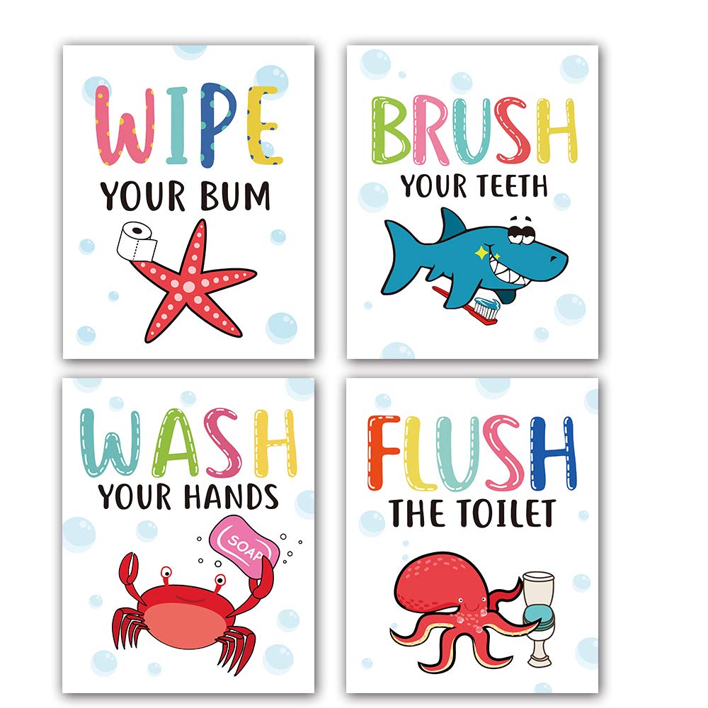 Funny Colorful Cartoon Sea Life Themed Bathroom Inspirational Quotes Art Print Humorous Quotes Painting, Toilet Rules Art Pictur