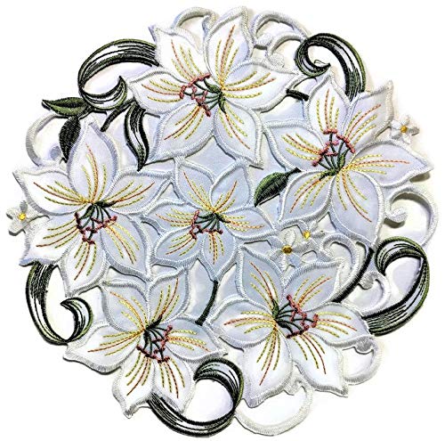 Doily Boutique Easter Place Mat Or Doily With White Lily Flowers, Size 15 Inches