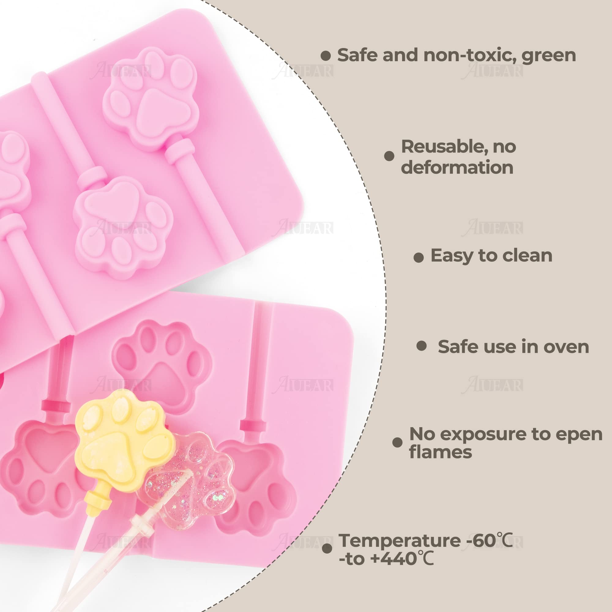 Auear, 2 Pack Paw Silicone Lollipops Mold With Sticks 6-Capacity Chocolate Hard Candy Mold Cat Dog Pet Paw Print Ice Cream Makin