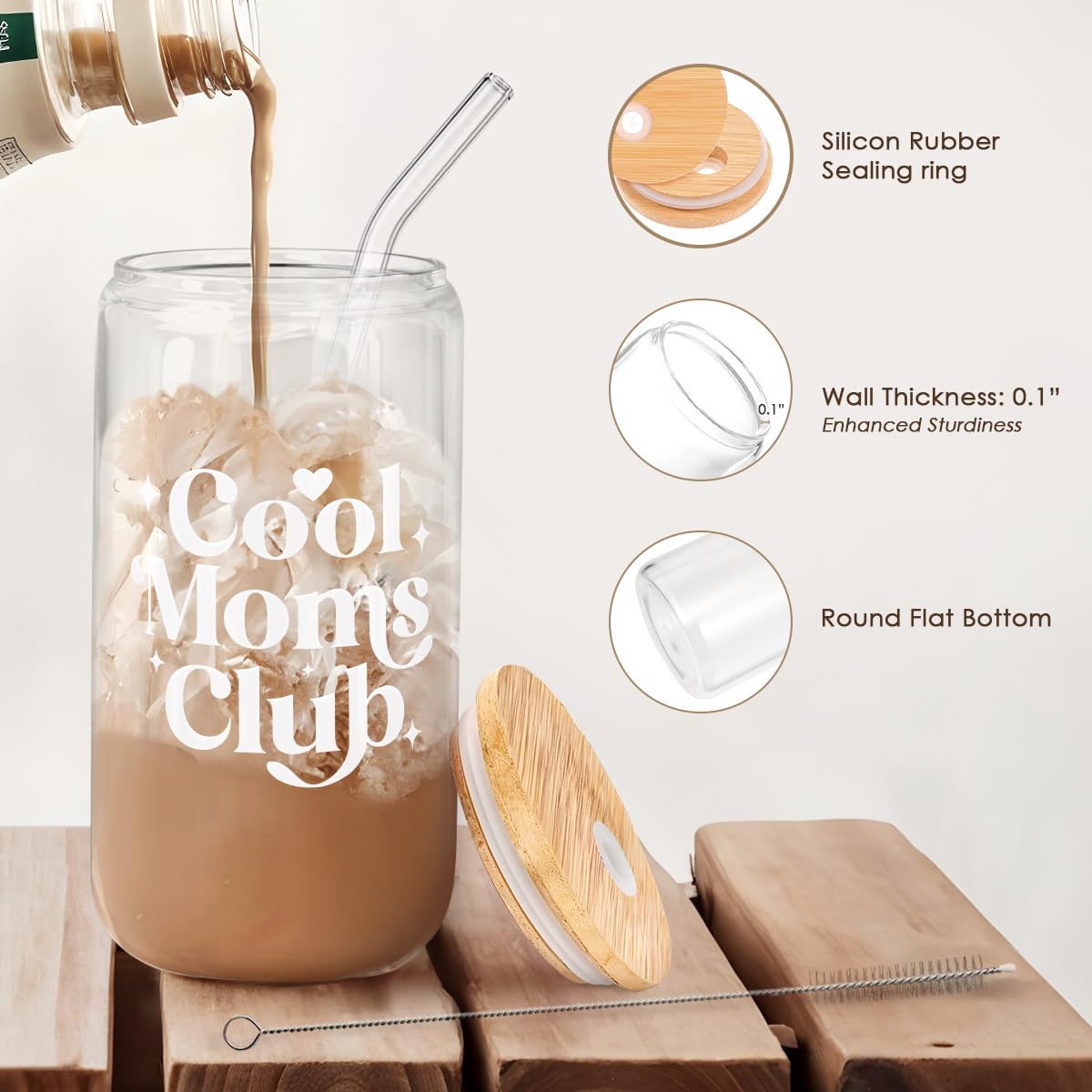 SANDJEST Mom Glass Can, Cool Mom Club Cup with Lid & Straw, Iced Coffee Aesthetic Cups, Idea Gift for Christmas Birthday Mother