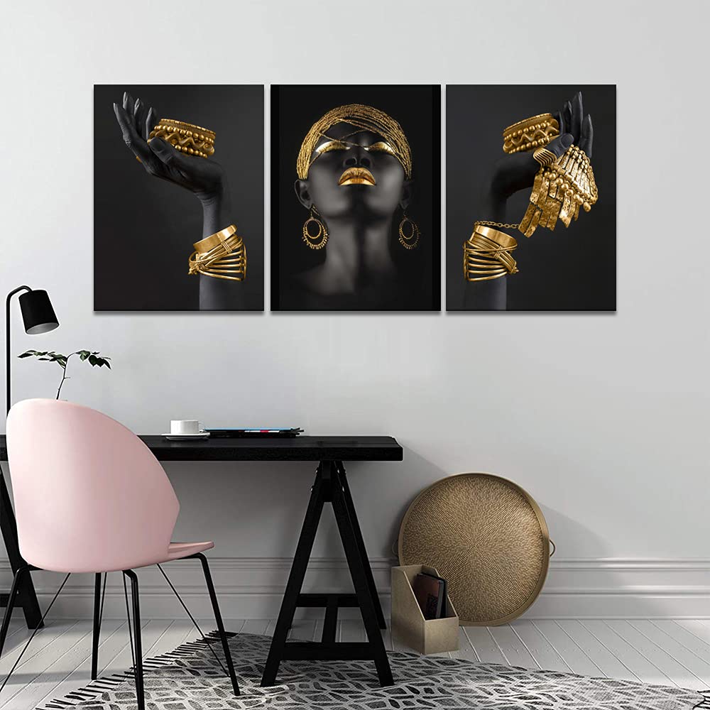 Mamago Canvas Wall Art Painting African Woman Pictures Modern Gold Black Woman Holding Gold Jewelry Posters Prints Artwork Home