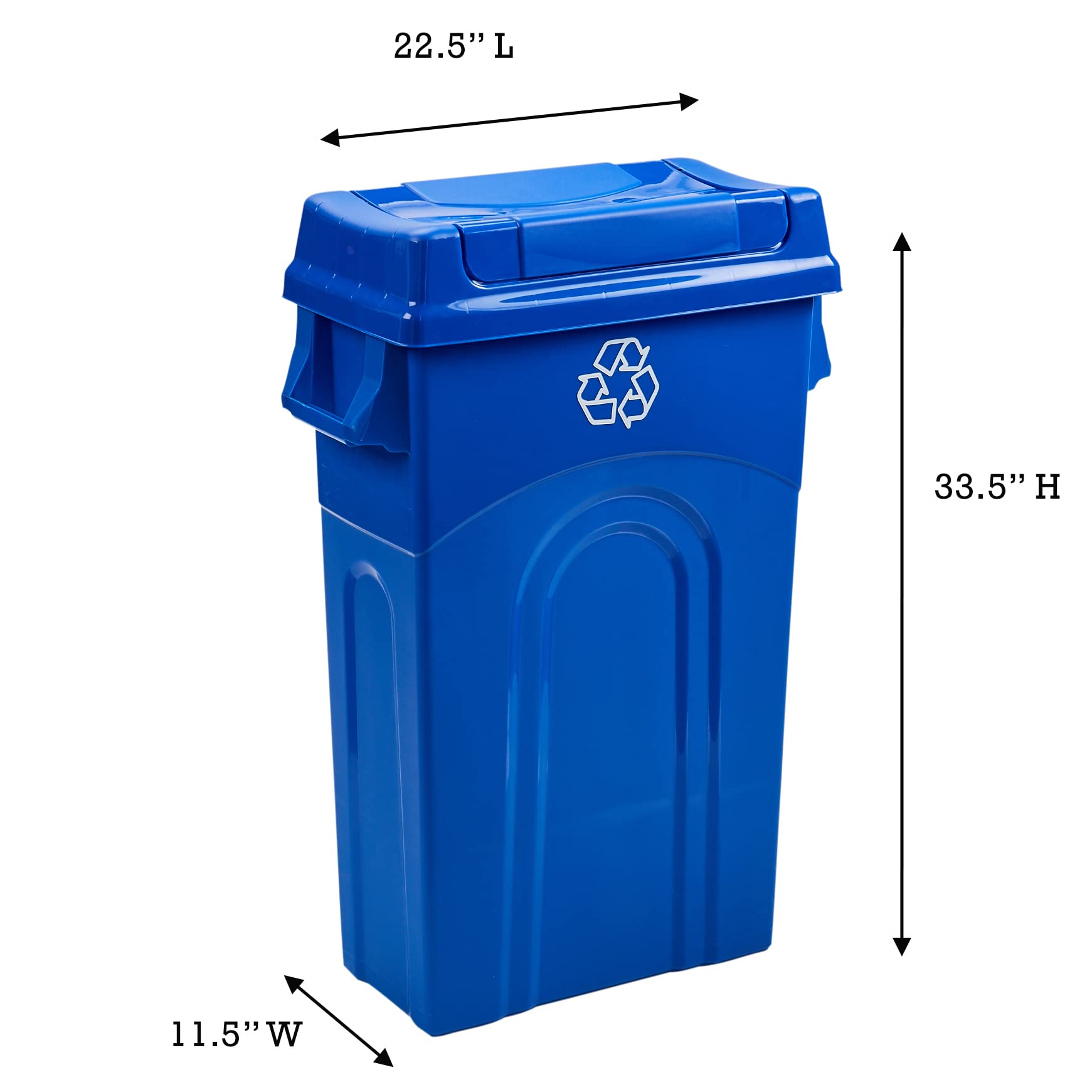 United Solutions 23 Gallon Highboy Plastic Recycling Bin Kitchen Trash Can With Lid, Pass Through Handles, And Dustpan Edge, Blu