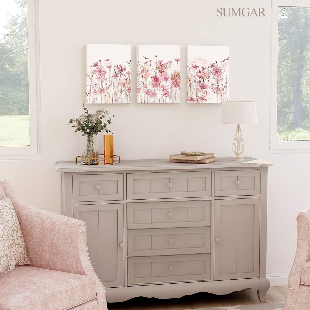 Sumgar Pink Flower Wall Art Bedroom 3 Piece Romantic Floral Wildflower Plants Nature Scenery Canvas Watercolour Paintings, Red B
