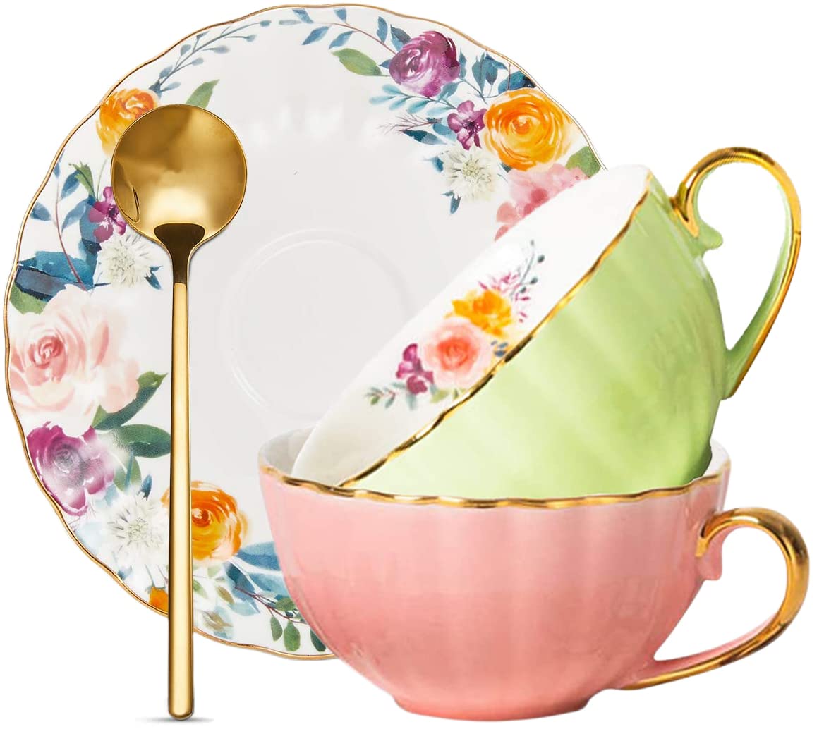 Oneustar Tea Cup And Saucer Set For 2 Porcelain Enghlish Tea Cup Floral Teacups Coffee Cup Latte Cup Mugs For Mother 'S Day Birt