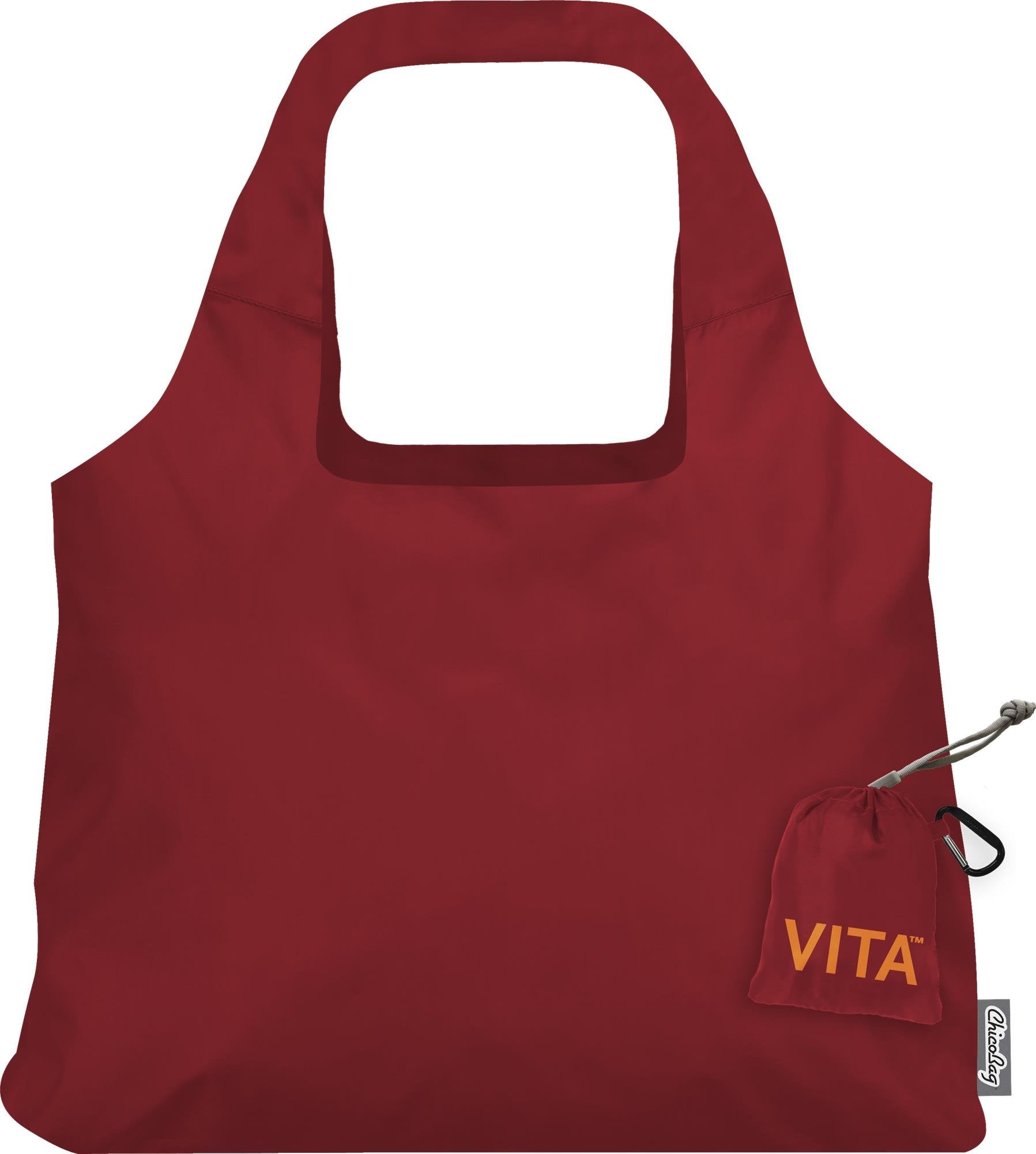 Chicobag Vita Reusable Shopping Bag With Attached Pouch And Carabiner Clip, Compact, Designer Shoulder Tote, Red