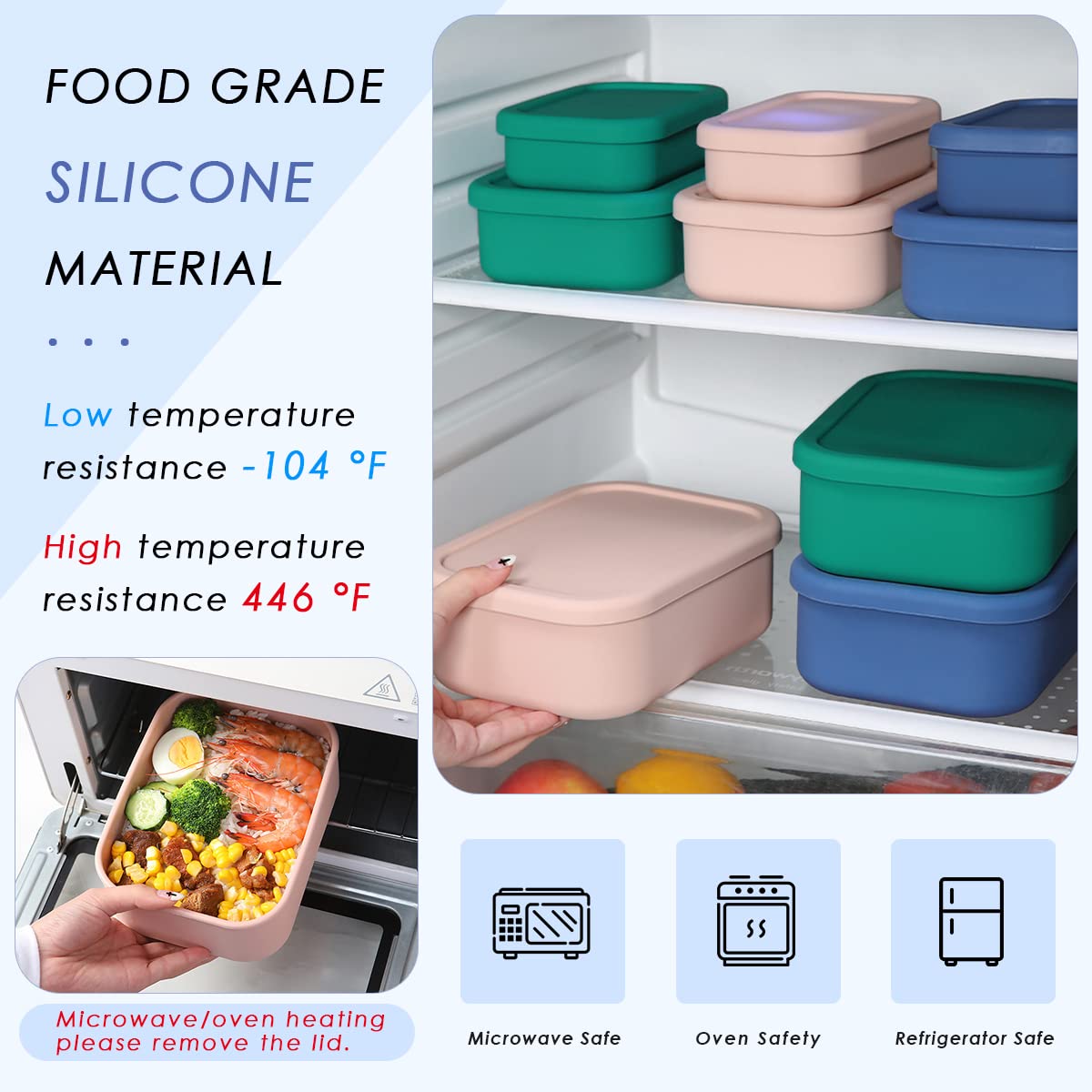 Keweis Silicone Food Storage Containers, Set Of 3 Silicone Bento Lunch Box Containers With Lids, Hard-Shell Silicone, Airtight,