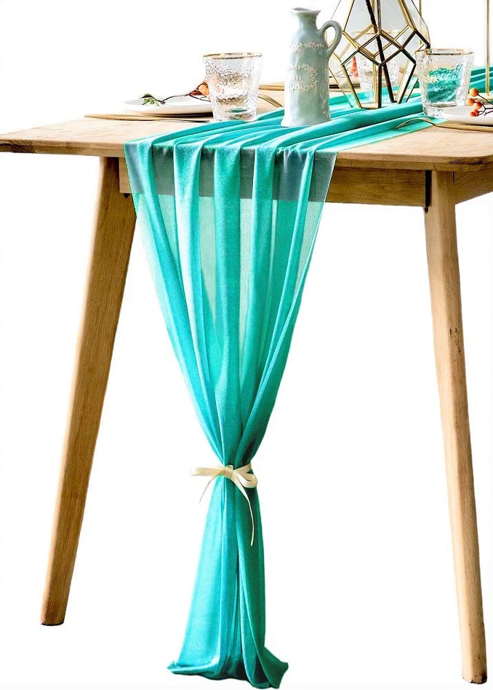 Boxan Gorgeous 10Ft Teal Sheer Table Runner 30X120 Inch For Rustic Wedding Decor, Bridal Shower, Baby Shower, Boho Summer Outdoo