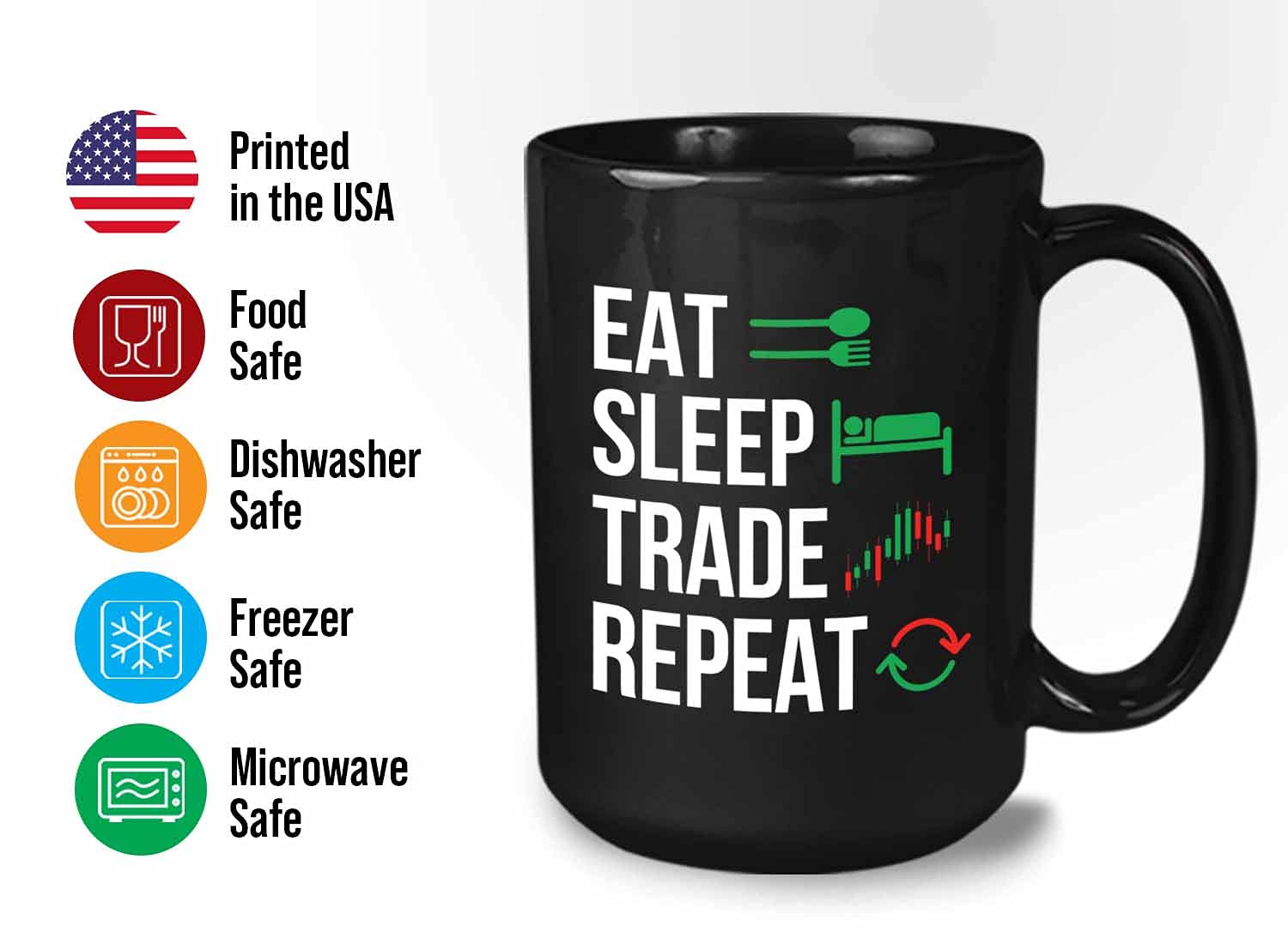 Stock Trader Coffee Mug - Eat Sleep Trade Repeat - Stock Market Traders Brokers Financial Adviser Trading Investor 15Oz Black