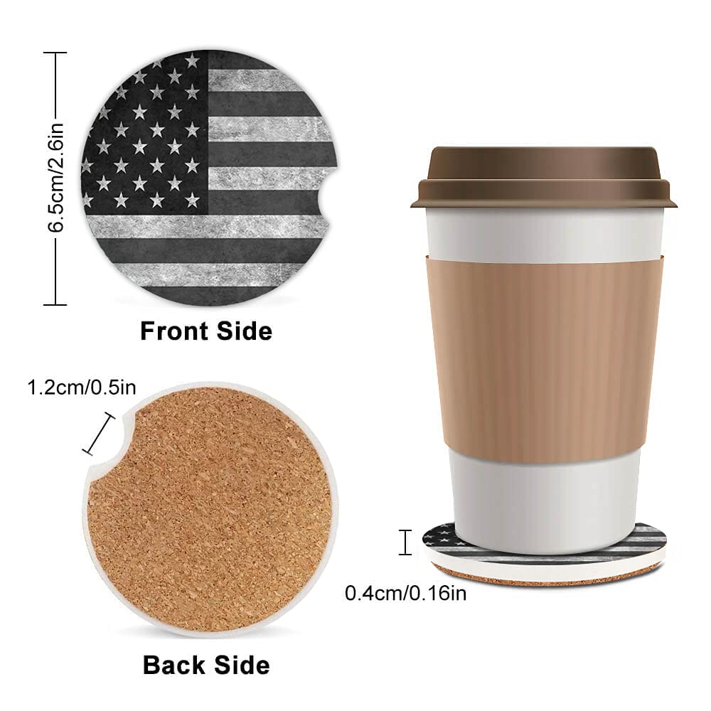 Black Grey American Flag Absorbent Cup Holders Car Coasters Ceramic Stone Drinks Coaster Set for Women Man 2.56''(2 Pack)