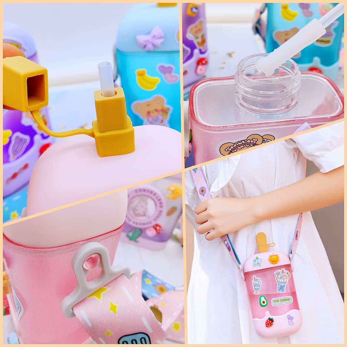 GMKD Kawaii Ice Cream Water Bottle, 14 oz BPA-Free, Pink with Straw & Adjustable Strap, Cute Popsicle Cup for Kids