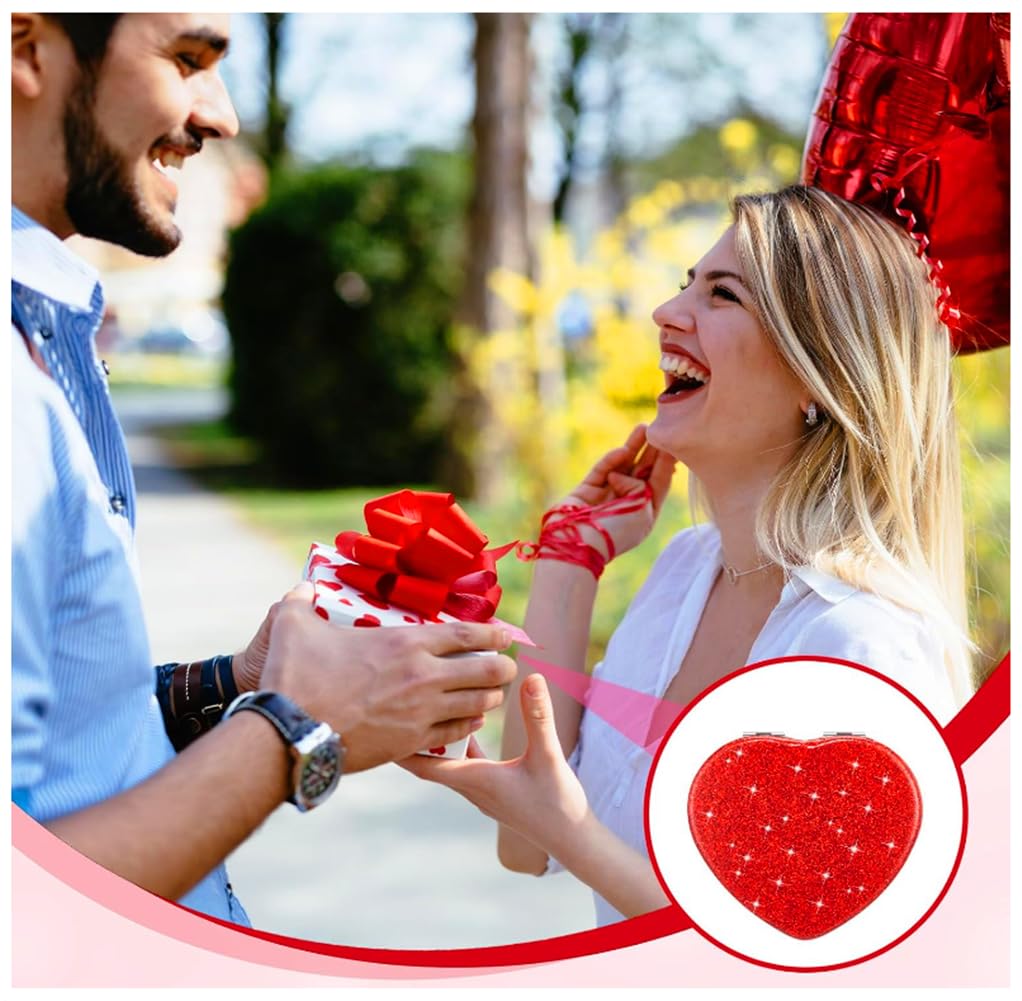 Mpowtech Cute Heart Shaped Compact Mirror For Purse,Red Travel Mirror With Glitter,Leather Small Pocket Mirror,Portable 2 X 1X M