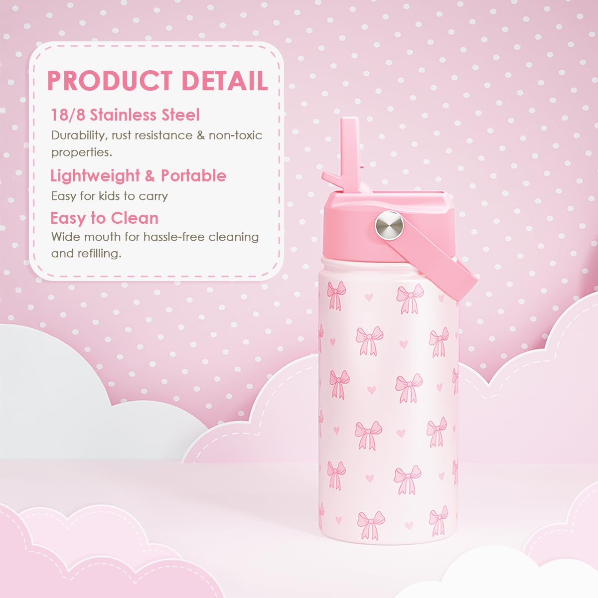Bow Kids Water Bottle With Straw Lid 12oz Insulated Stainless Steel, Travel Tumbler, Pink Bow Gifts For Girls, Birthday, Christm