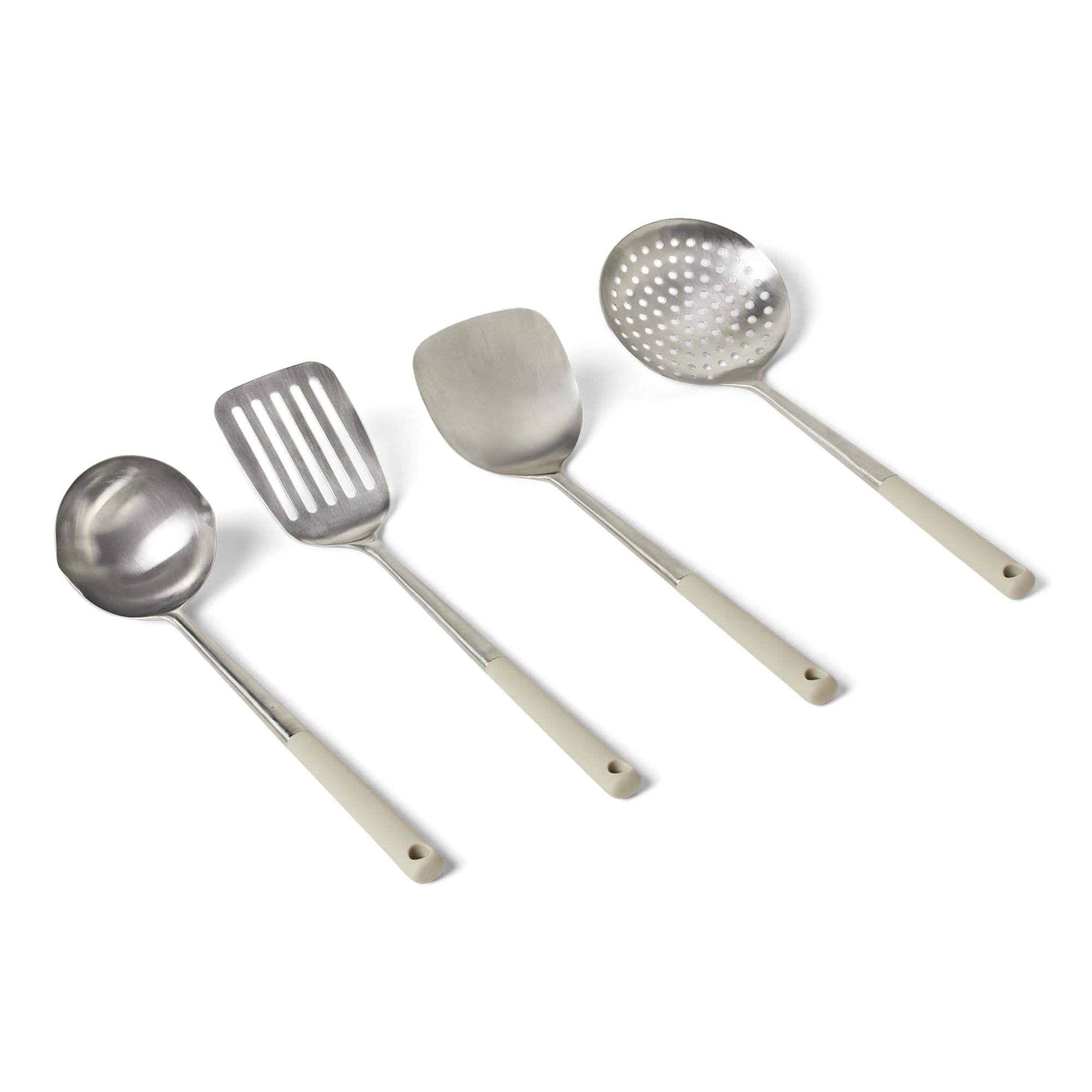 Amazon Basics Stainless Steel Cooking Utensil Set with Ladle, Spatula, Slotted Spatula and Slotted Spoon, 4Piece Set, Soft Grip