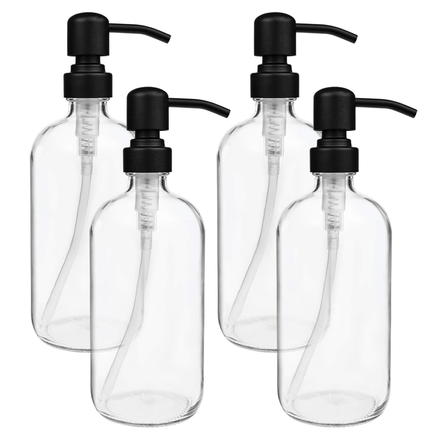 Suwimut 4 Pack Glass Soap Dispenser With Matte Black Stainless Steel Pump, 16 Oz Clear Boston Round Bottles Bathroom Kitchen Soa