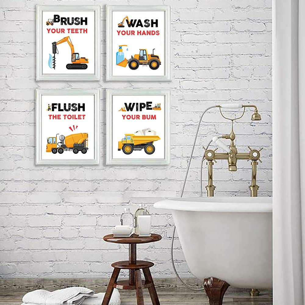 Suuura-Oo Funny Truck Bathroom Art Prints Set Of 4(8   X10   ), Watercolor Vehicle Paintings Truck Wall Art Poster For Nursery B