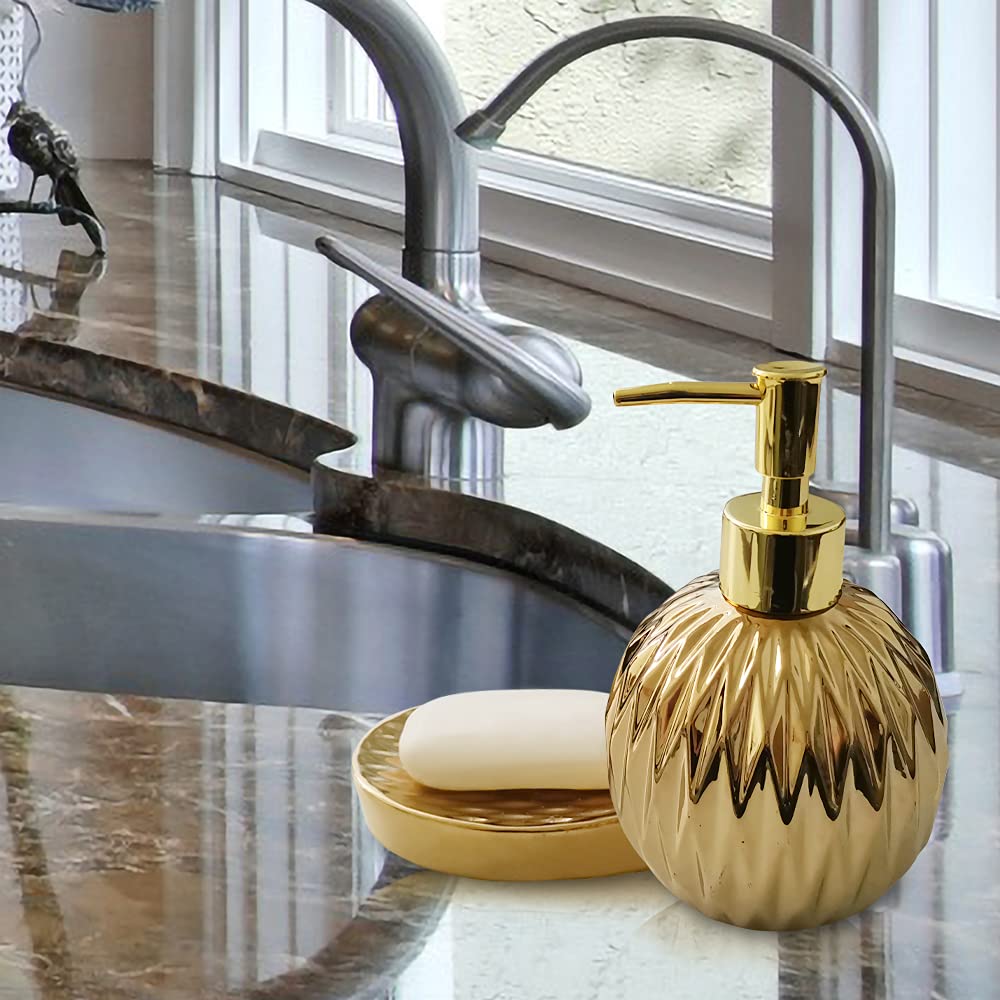 Ceramics Gold Soap Dispenser For Bathroom, Round Soap Dispenser With Delicate Embossed Rhombus Design (Gold)
