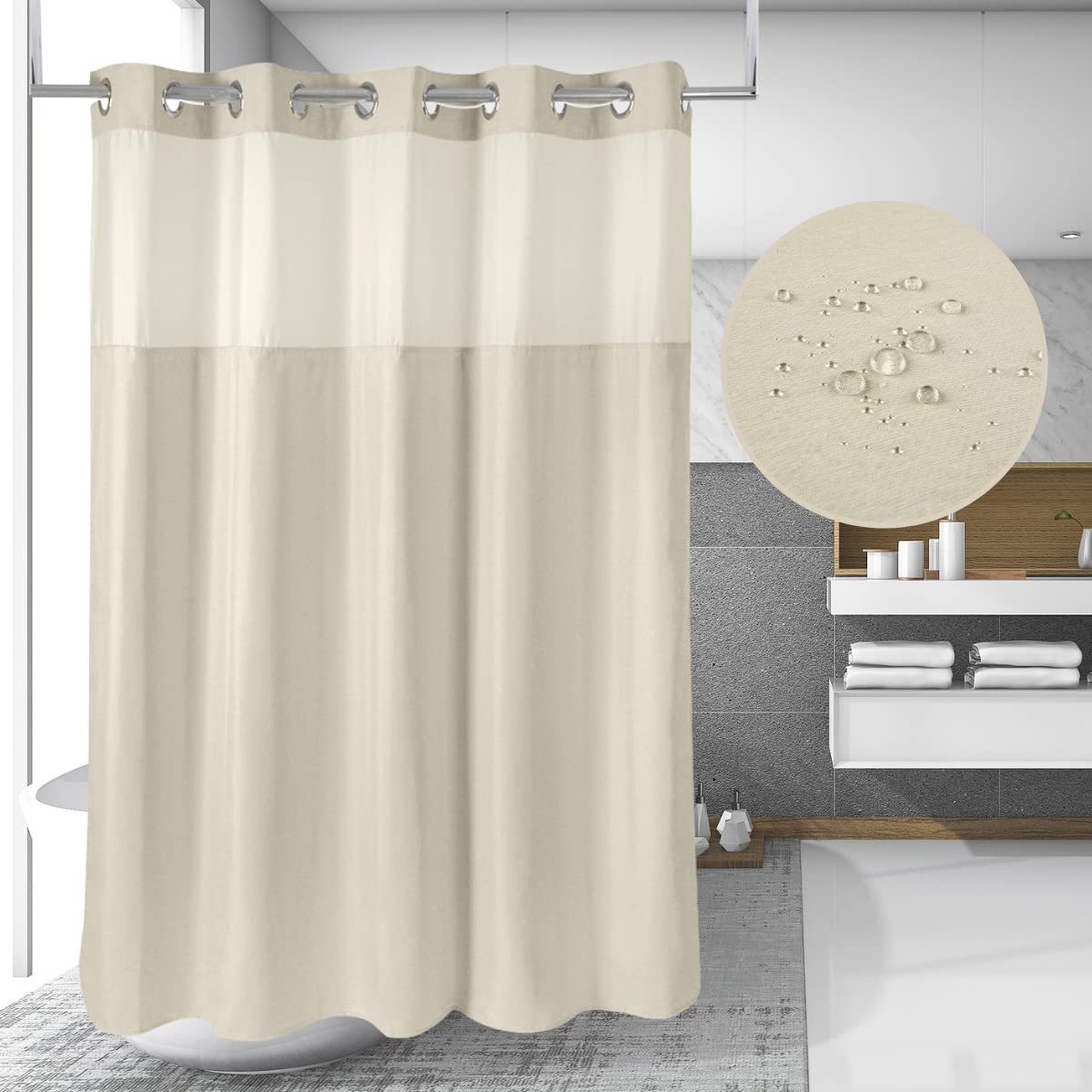 Ecoehoe 71W X74   H Heavy Fabric Hook Free Shower Curtain With Polyester Magnet Snap-In Liner-Top See Through With Mesh Window L