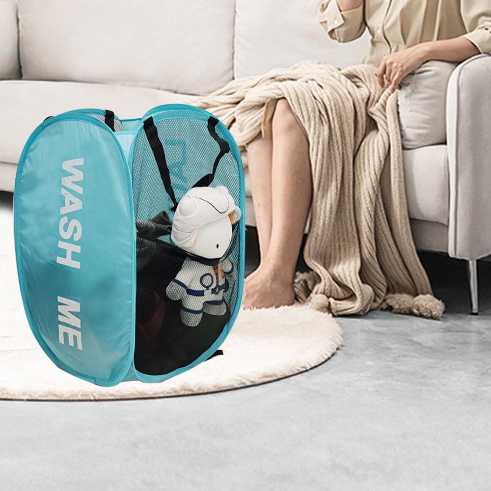 Aplter Mesh Pop Up Laundry Hamper With Handles, Collapsible Laundry Basket Side Pocket Kids Dirty Clothes Hamper (Sky Blue)