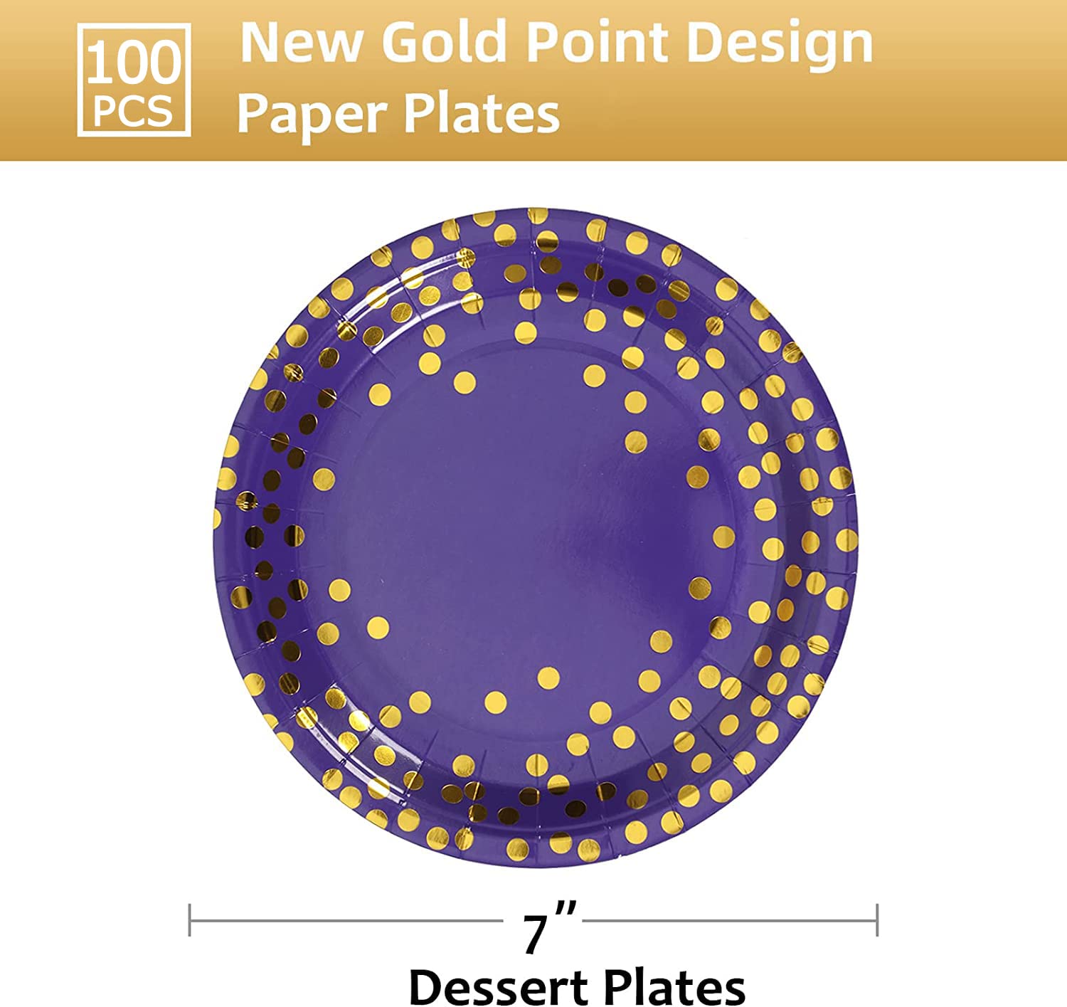 Cenlbj Purple And Gold Paper Plates,7Inch Purple Dessert Party Plates,Purple Foil Polka Dots Paper Plates For Birthdays,Graduati