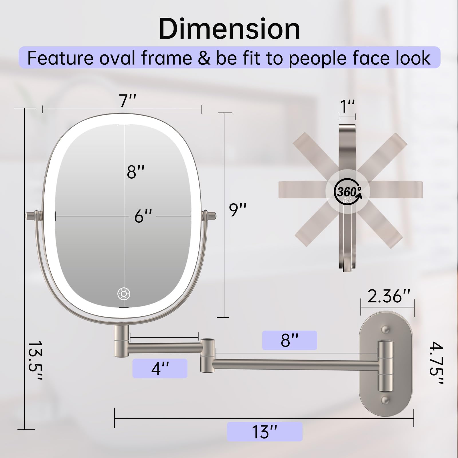 FUNTOUCH Lighted Wall Mounted Makeup Mirror, 1X/7X Magnifying, 15"L x 10.8"W, Brush Nickel, Rechargeable, 360° Rotation, D