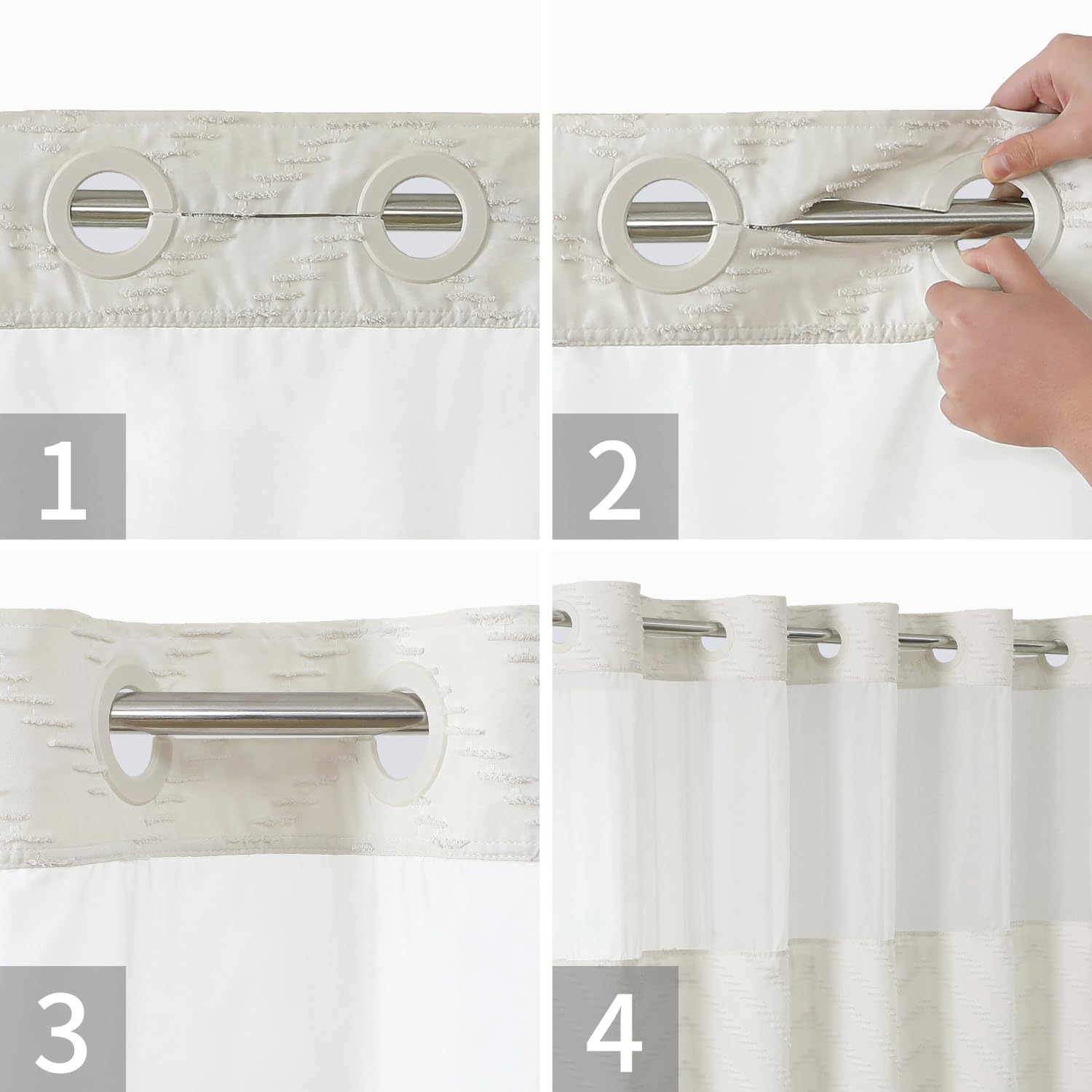 Eachope No Hook Tufted Chevron Striped Shower Curtain With Snap-In Fabric Liner Set-71Wx74H(72H),Cream Hotel Grade Boho Style Sh