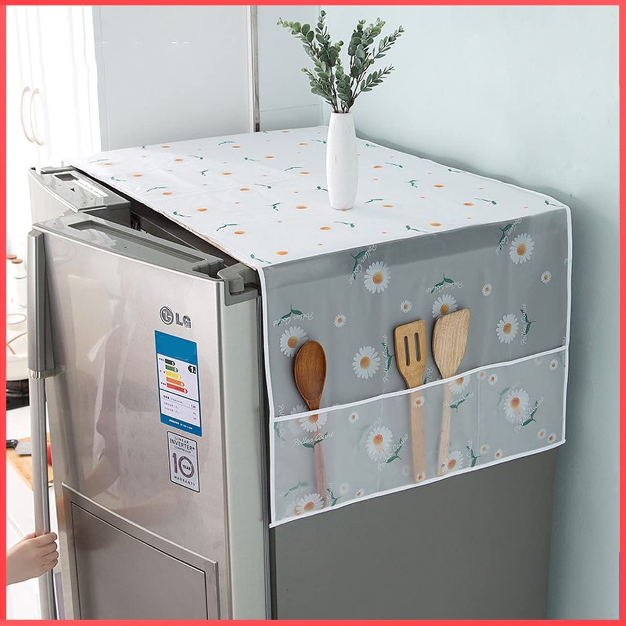 Wolpin 1Pc Fridge Cover For Top With 6 Utility Pockets Designer Daisy Prints Waterproof