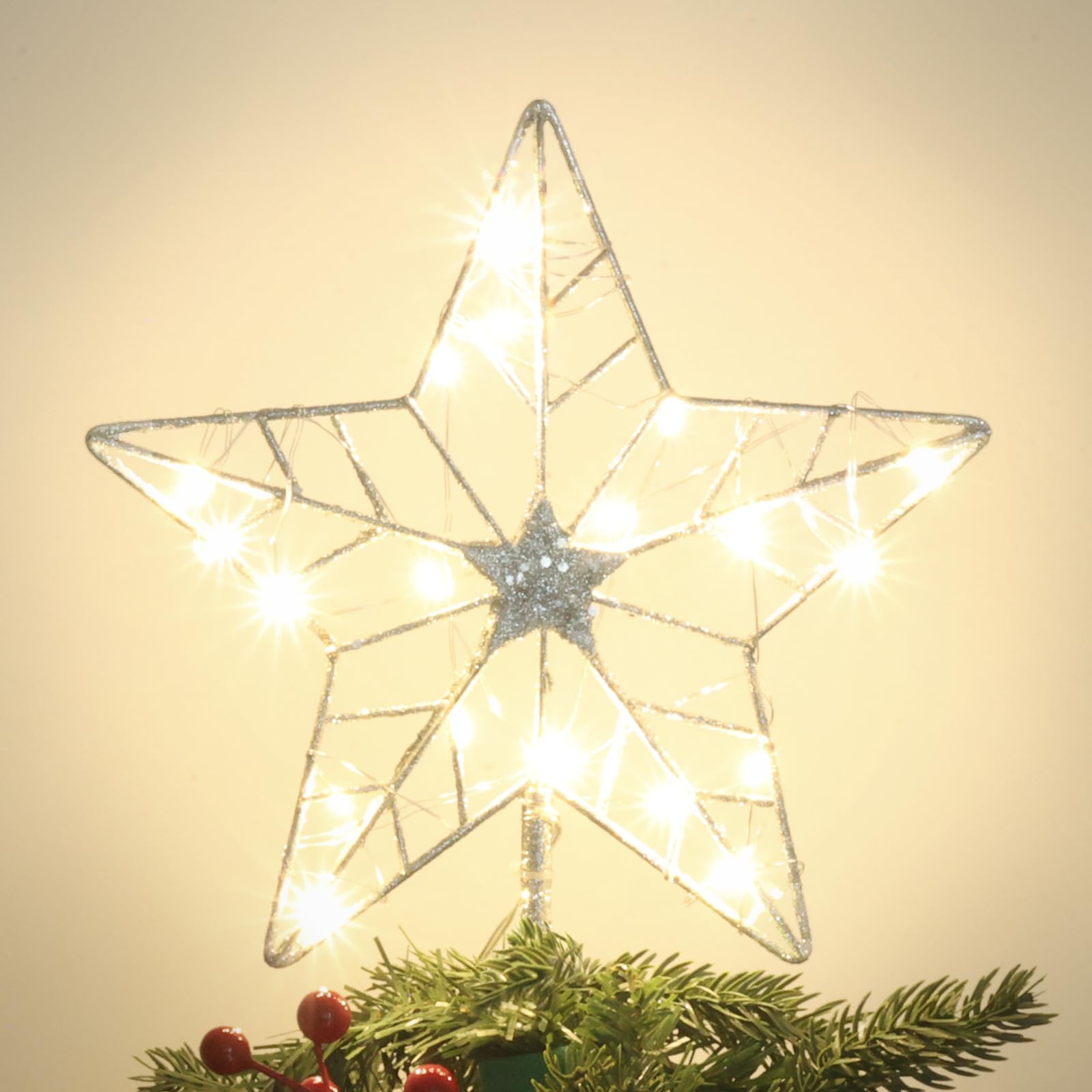 YEAHOME Christmas Tree Topper, Silver Glittered Hollow 5-Point Star Tree Topper for Christmas Tree Decorations, Lighted Wire Sta
