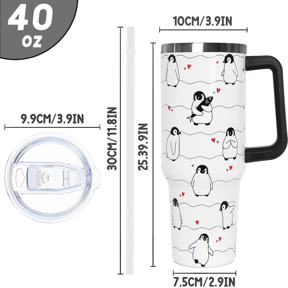 Nqhsionv Penguin Tumbler with Handle and Straw 40 oz Penguin Cup Coffee Travel Mug Stainless Steel Insulated Water Bottle Pengui